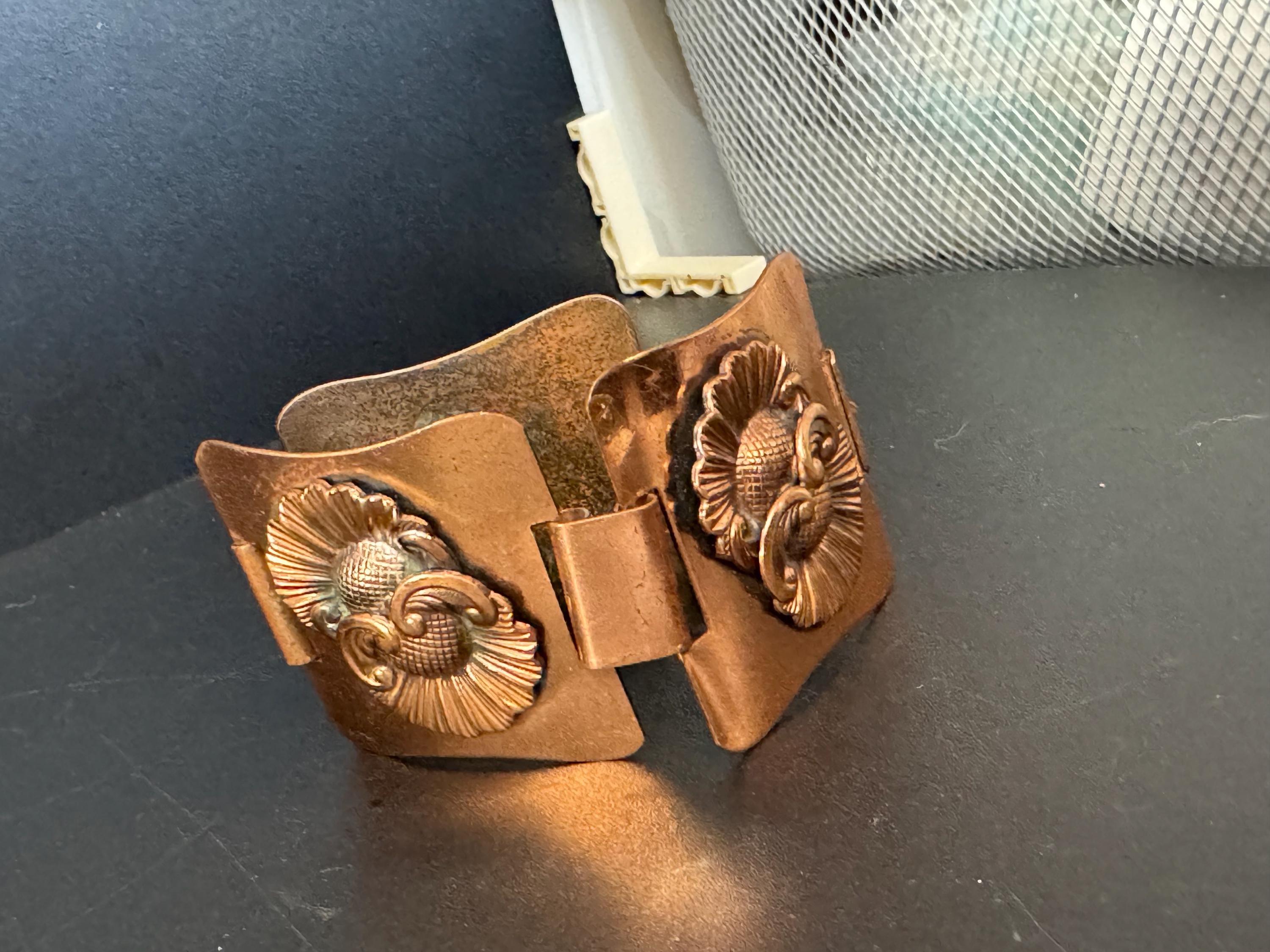 Arts & Crafts vintage copper embossed metal panel link wide floral cuff bracelet