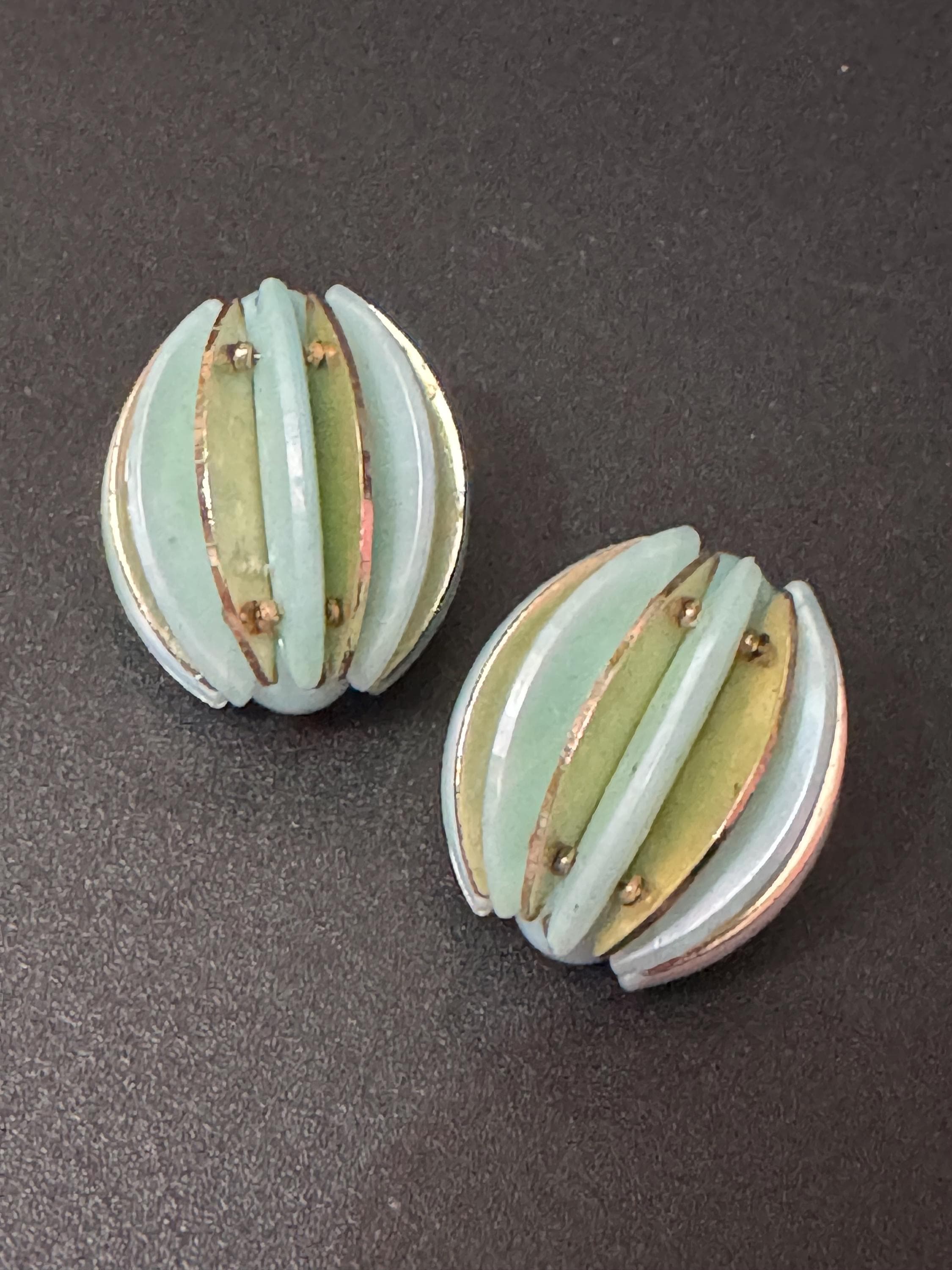 Vintage turquoise blue and gold watermelon shaped  plastic button Clip On Earrings