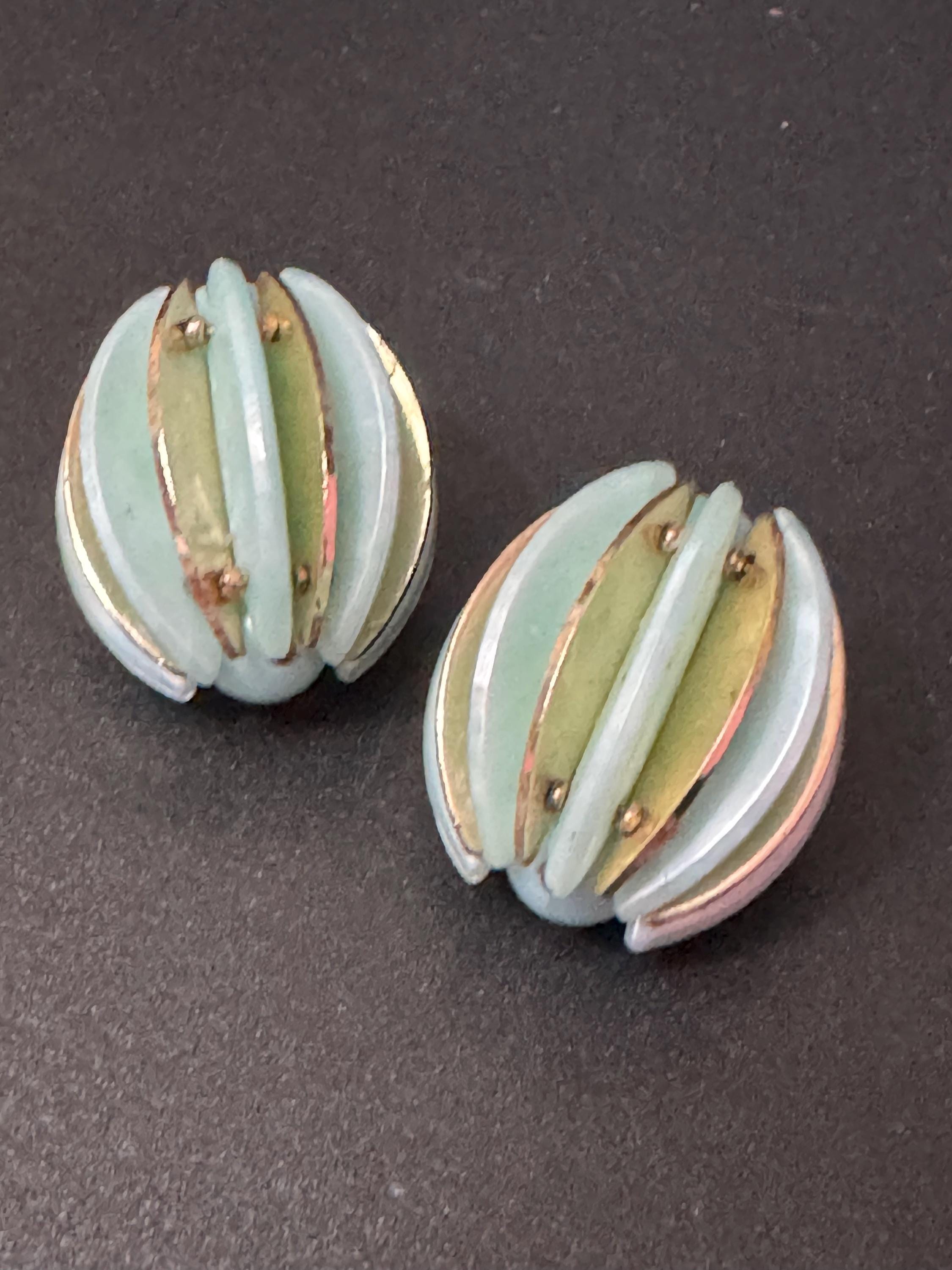 Vintage turquoise blue and gold watermelon shaped  plastic button Clip On Earrings