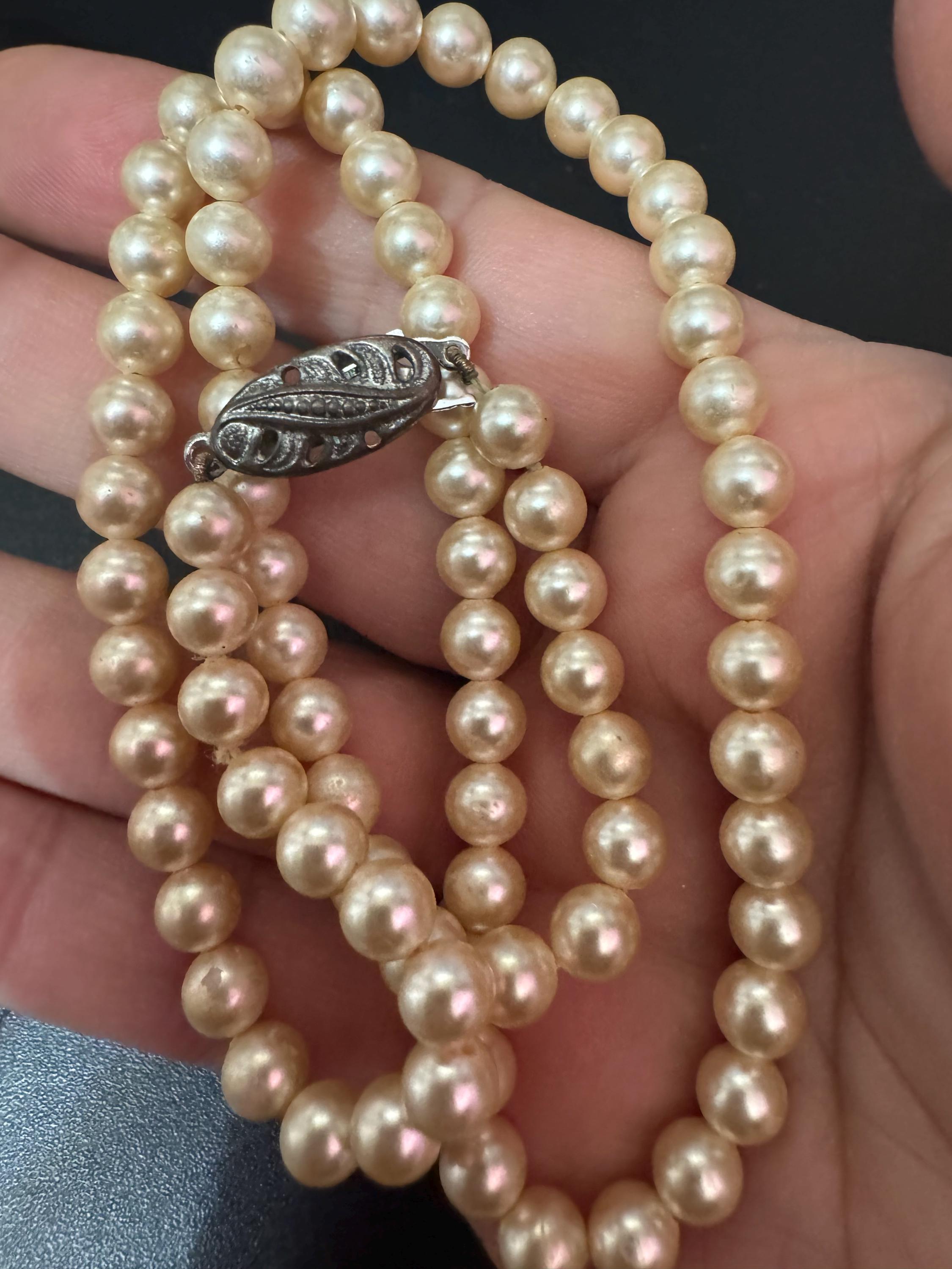 vintage single strand cream glass pearl necklace with ornate 925 sterling silver clasp 50cm