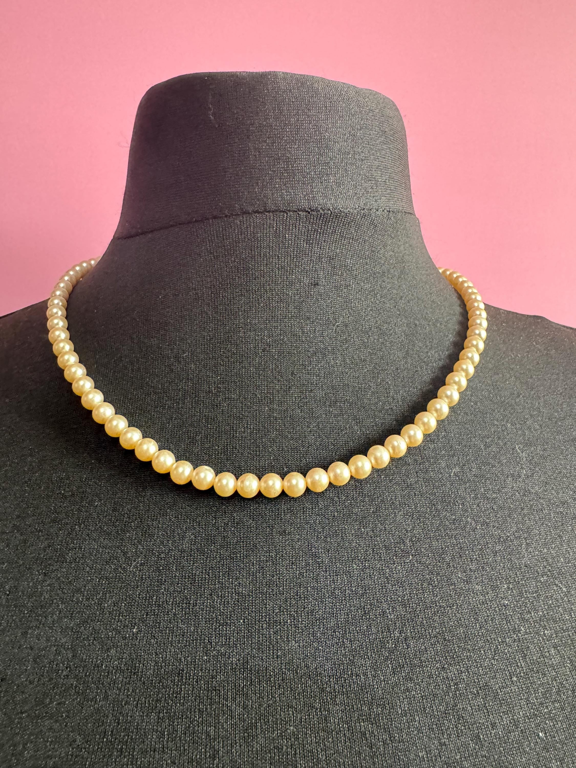 vintage single strand cream glass pearl necklace with ornate 925 sterling silver clasp 50cm