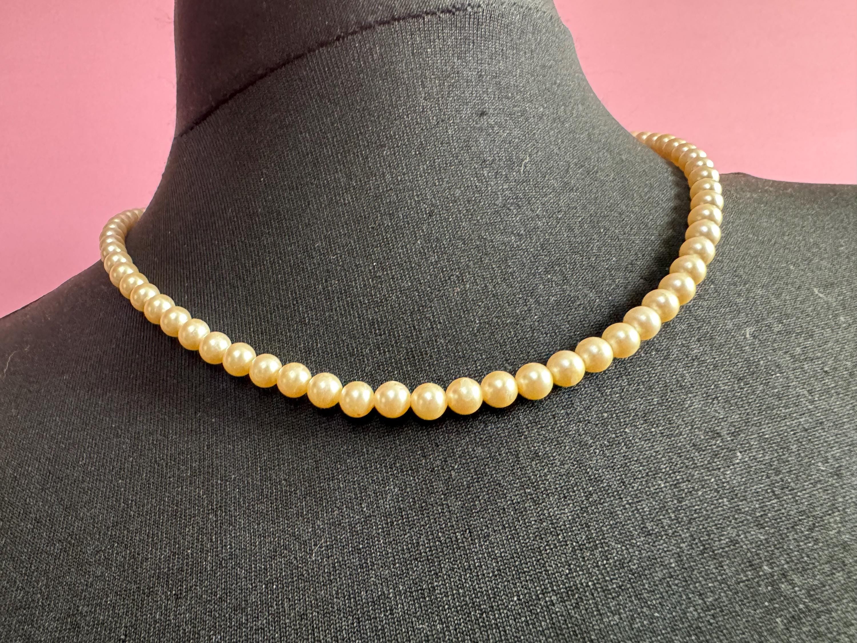 vintage single strand cream glass pearl necklace with ornate 925 sterling silver clasp 50cm