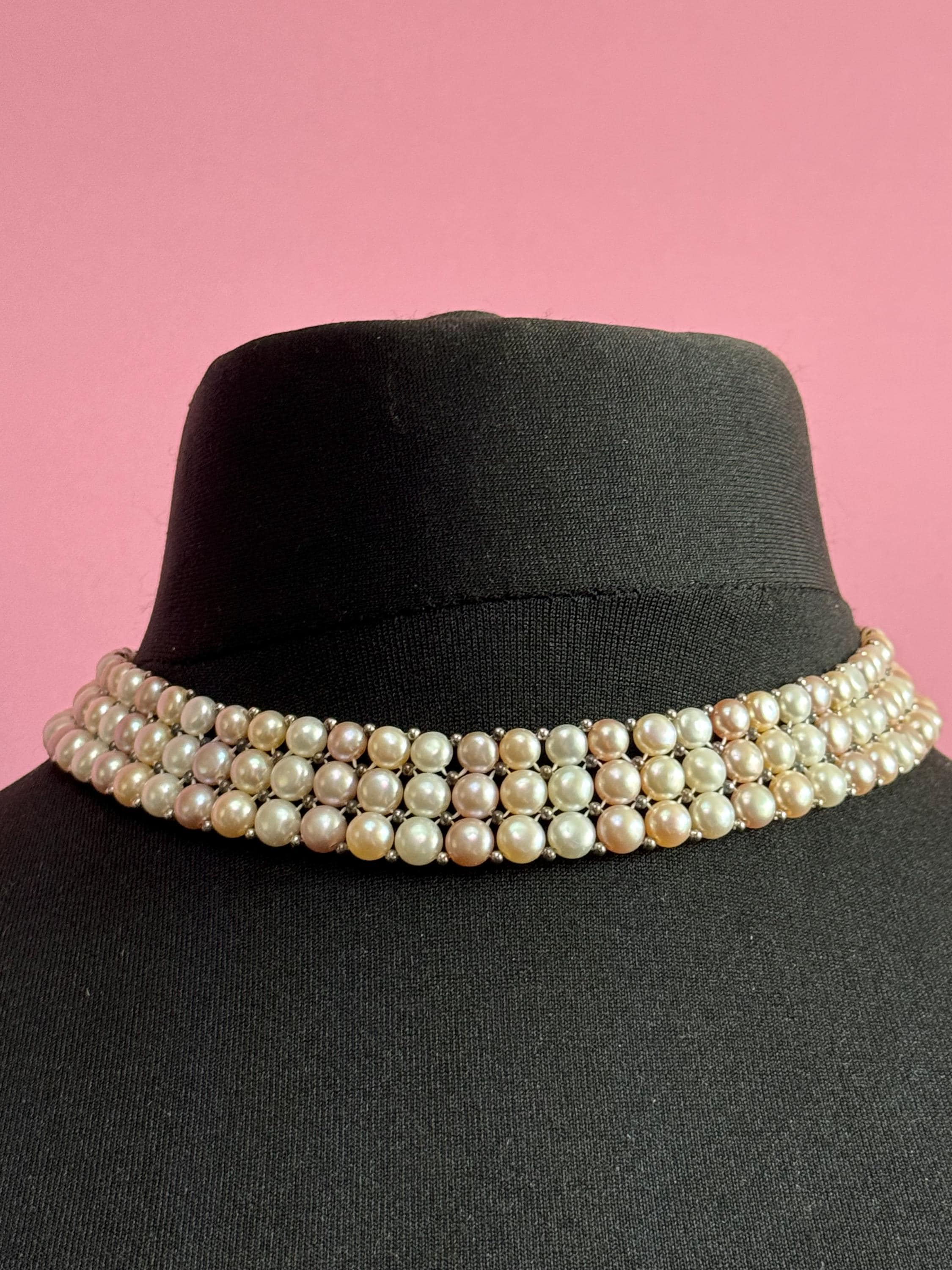 vintage soft pink cream 2cm wide freshwater pearl choker necklace with 925 sterling silver clasp 42cm