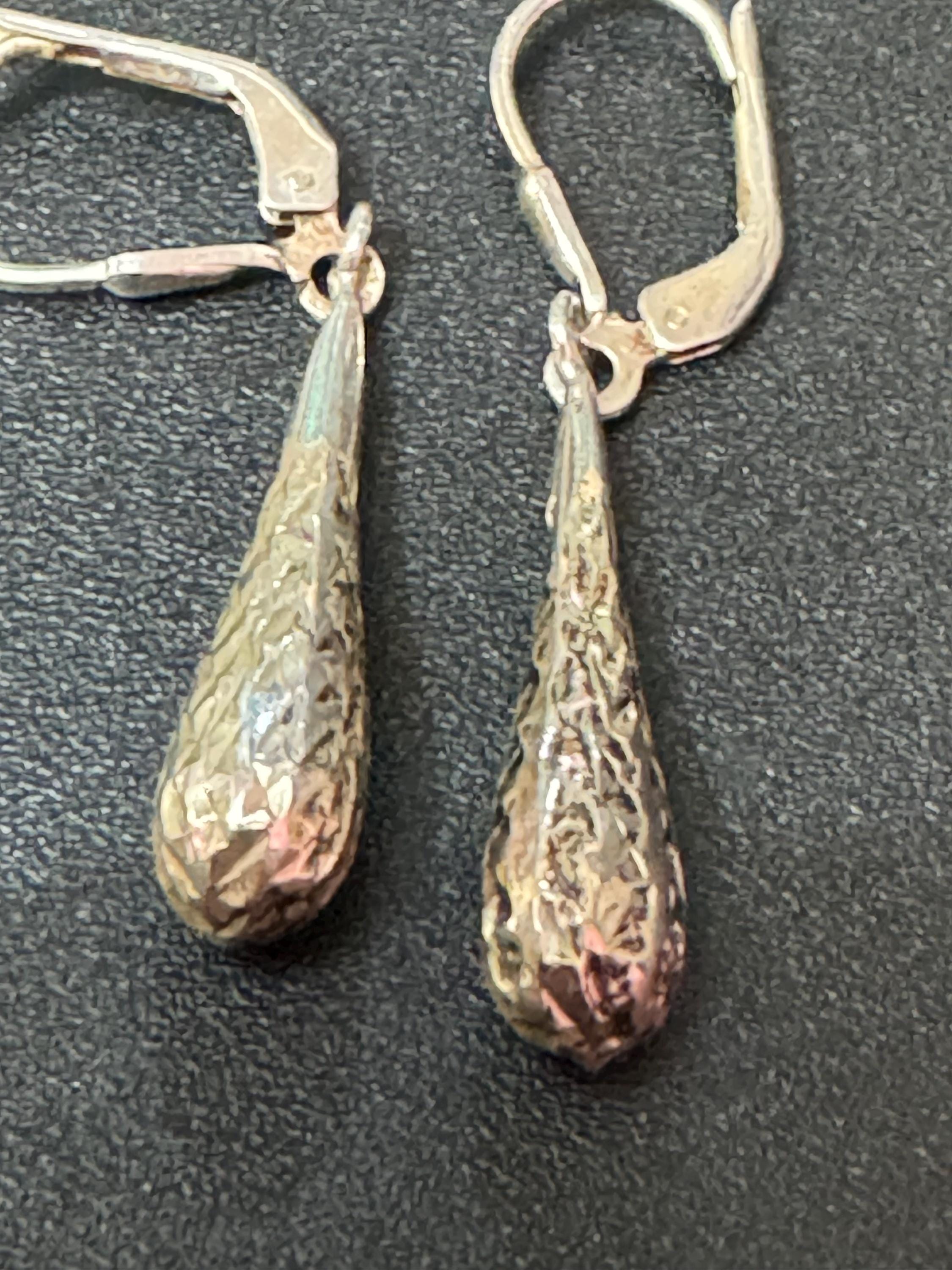 3.5cm sterling silver textured teardrop dropper dangly earrings for pierced ears 1.9 grams lever back stamped 925 fittings