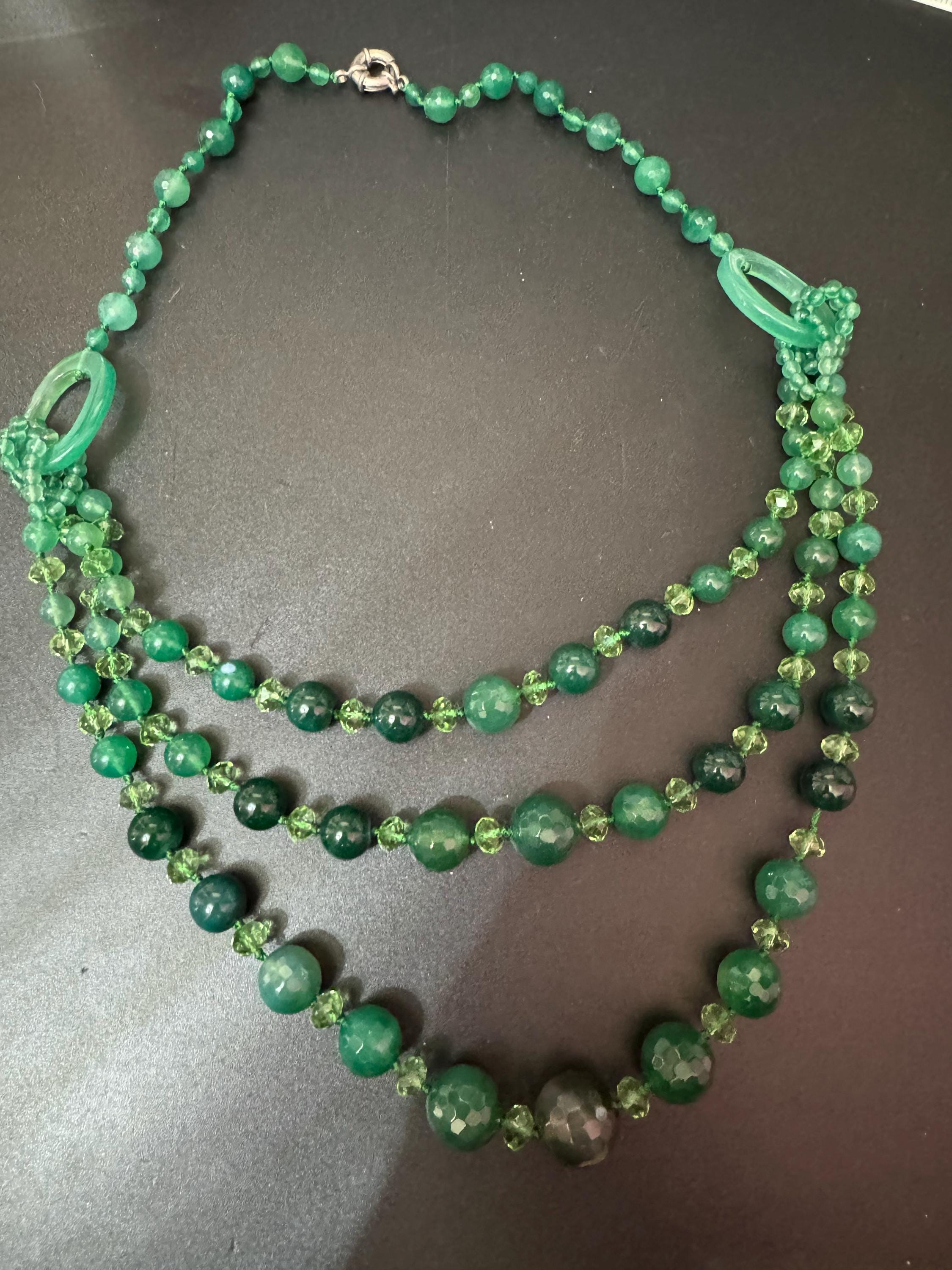 High end natural green agate and faceted clear beaded Multistrand statement necklace with 925 silver clasp