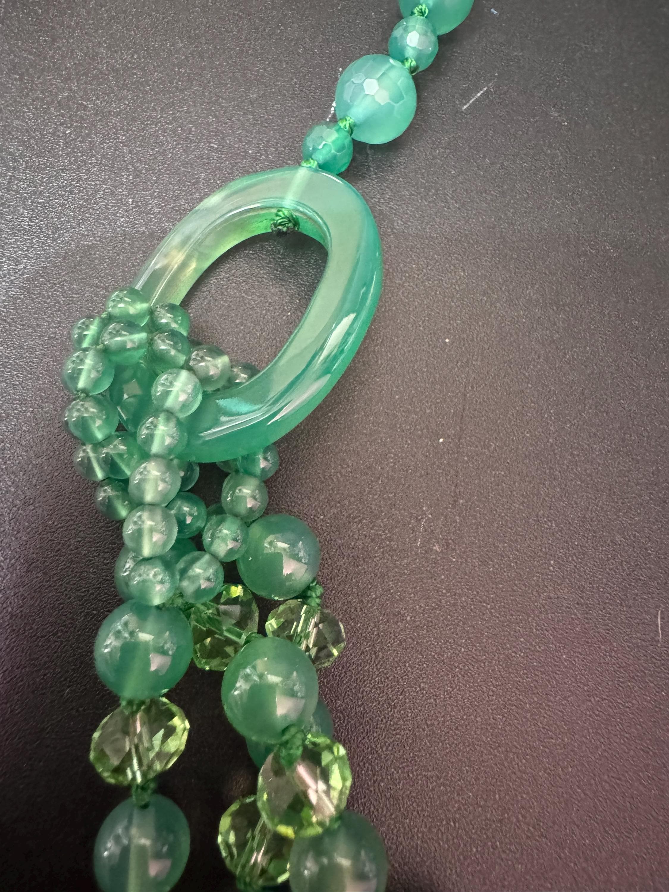 High end natural green agate and faceted clear beaded Multistrand statement necklace with 925 silver clasp