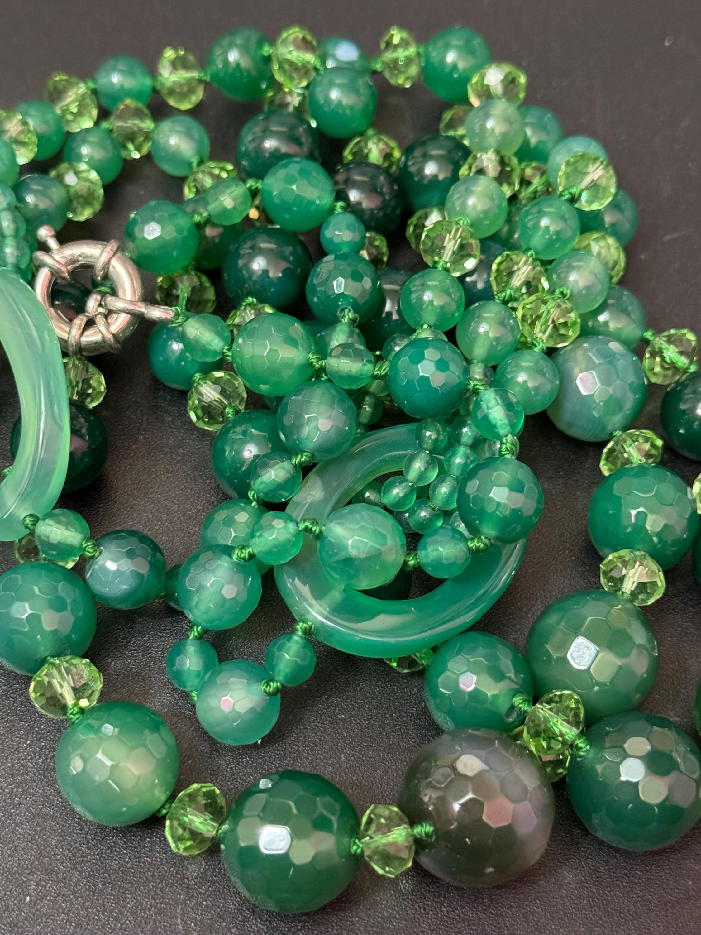 High end natural green agate and faceted clear beaded Multistrand statement necklace with 925 silver clasp