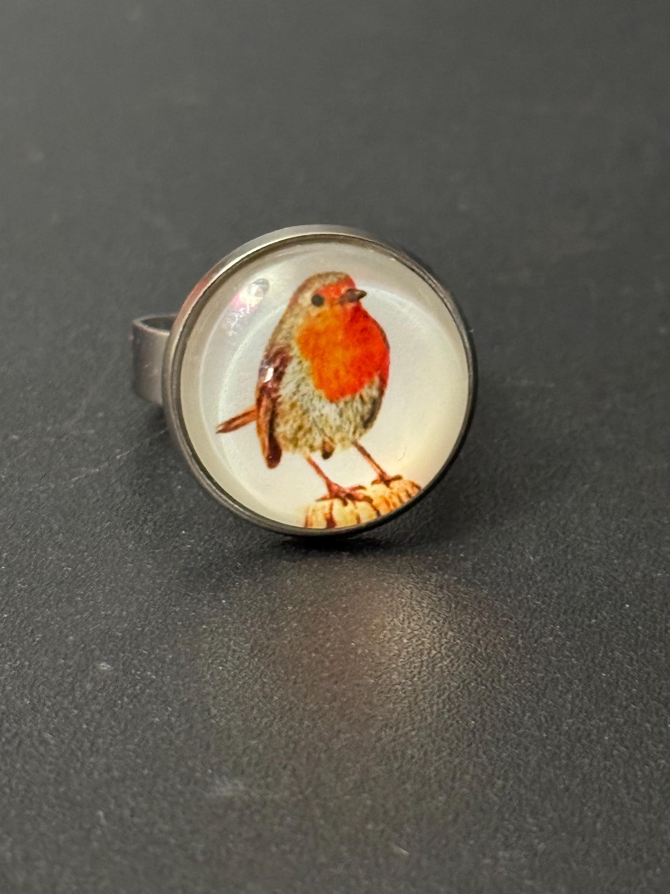 Handmade Garden bird Robin redbreast stainless steel adjustable ring 16mm glass cabochon