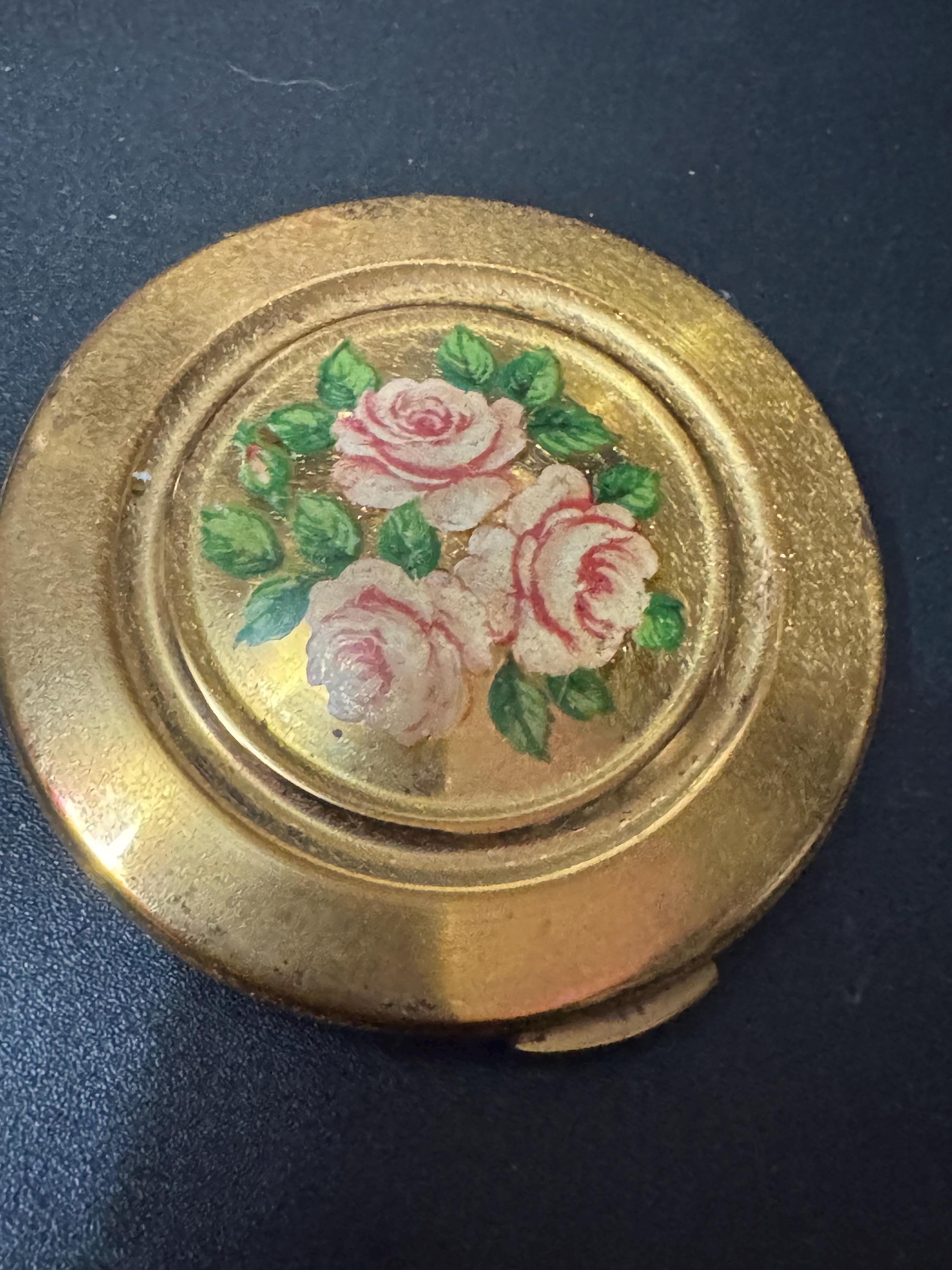 Small KIGU Vintage floral roses gold tone powder compact mirror with sifter mid century cosmetics case