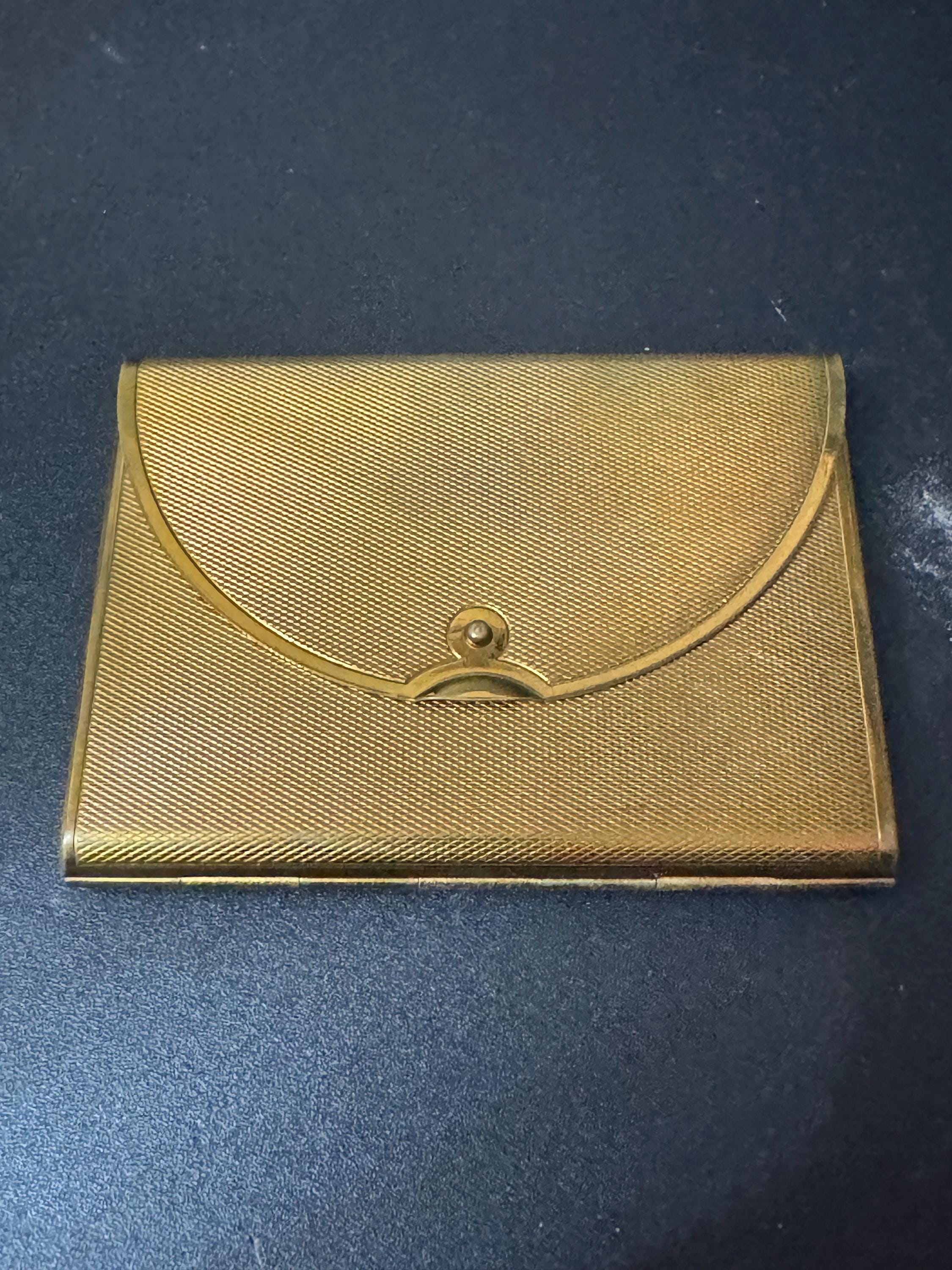 Vintage Cosmetics signed COTY gold tone novelty envelope powder compact case with mirror mid century