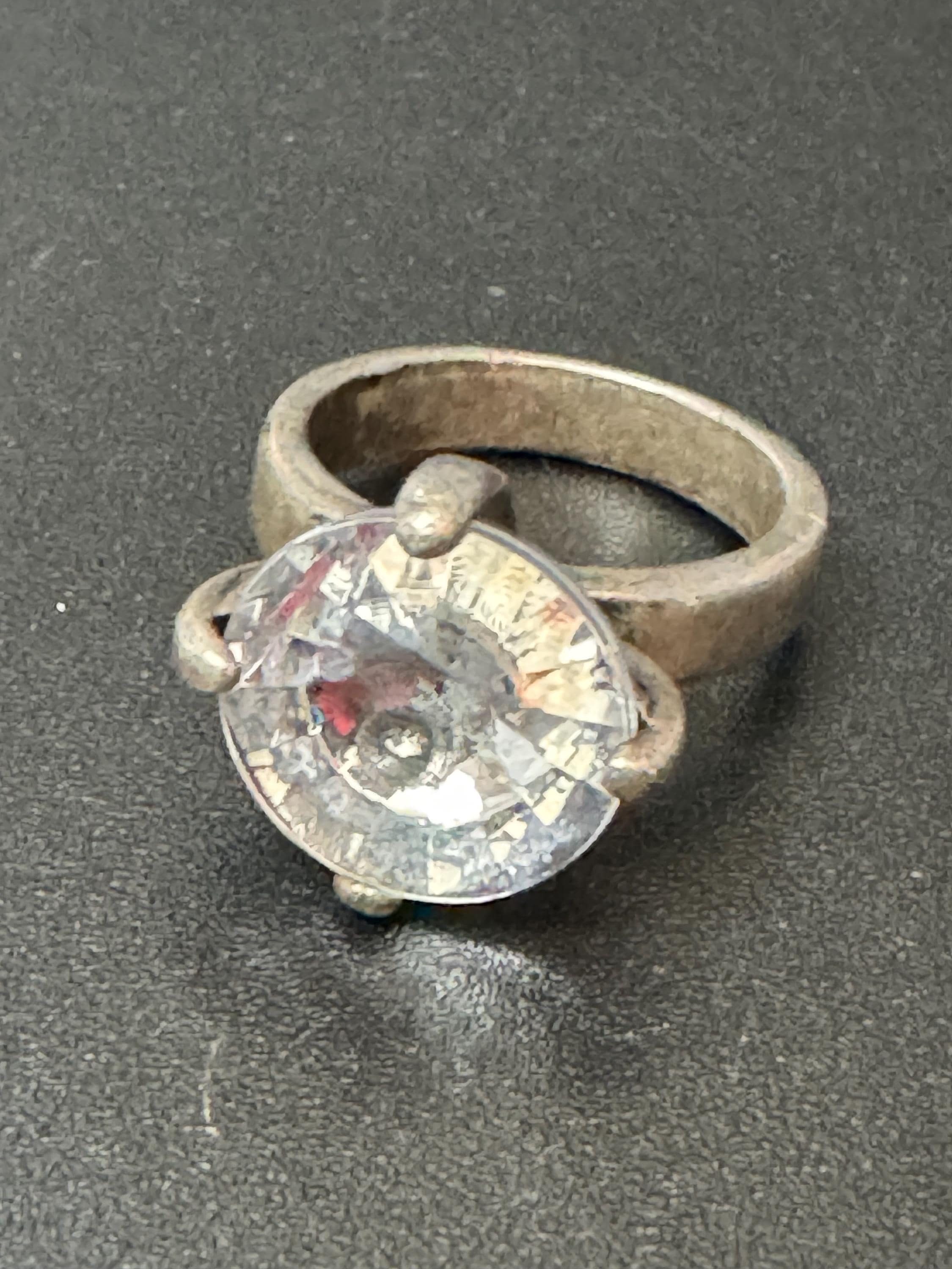 vintage clear round Rivoli stone diamanté costume cocktail ring size P modernist 925 sterling silver