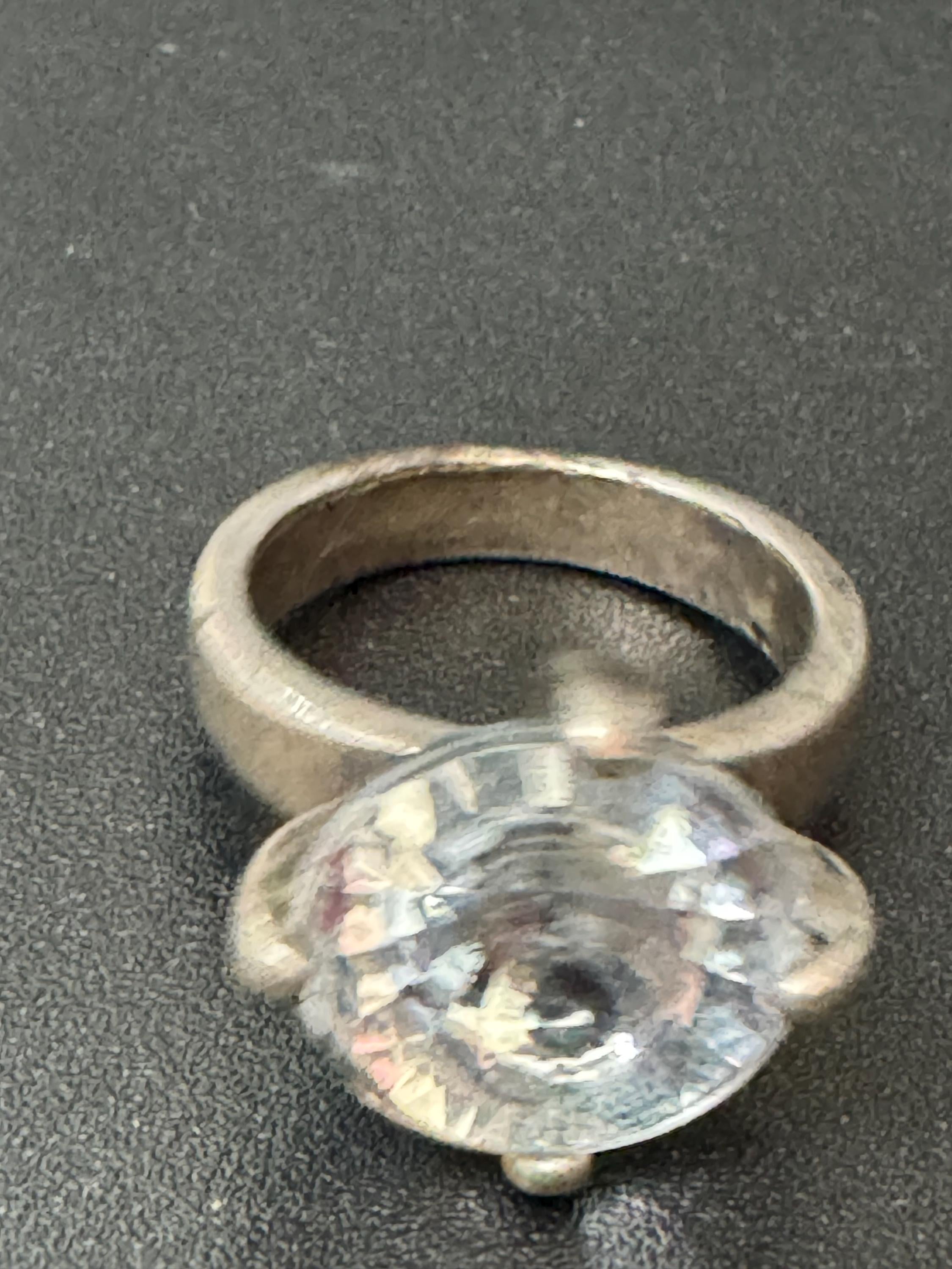 vintage clear round Rivoli stone diamanté costume cocktail ring size P modernist 925 sterling silver