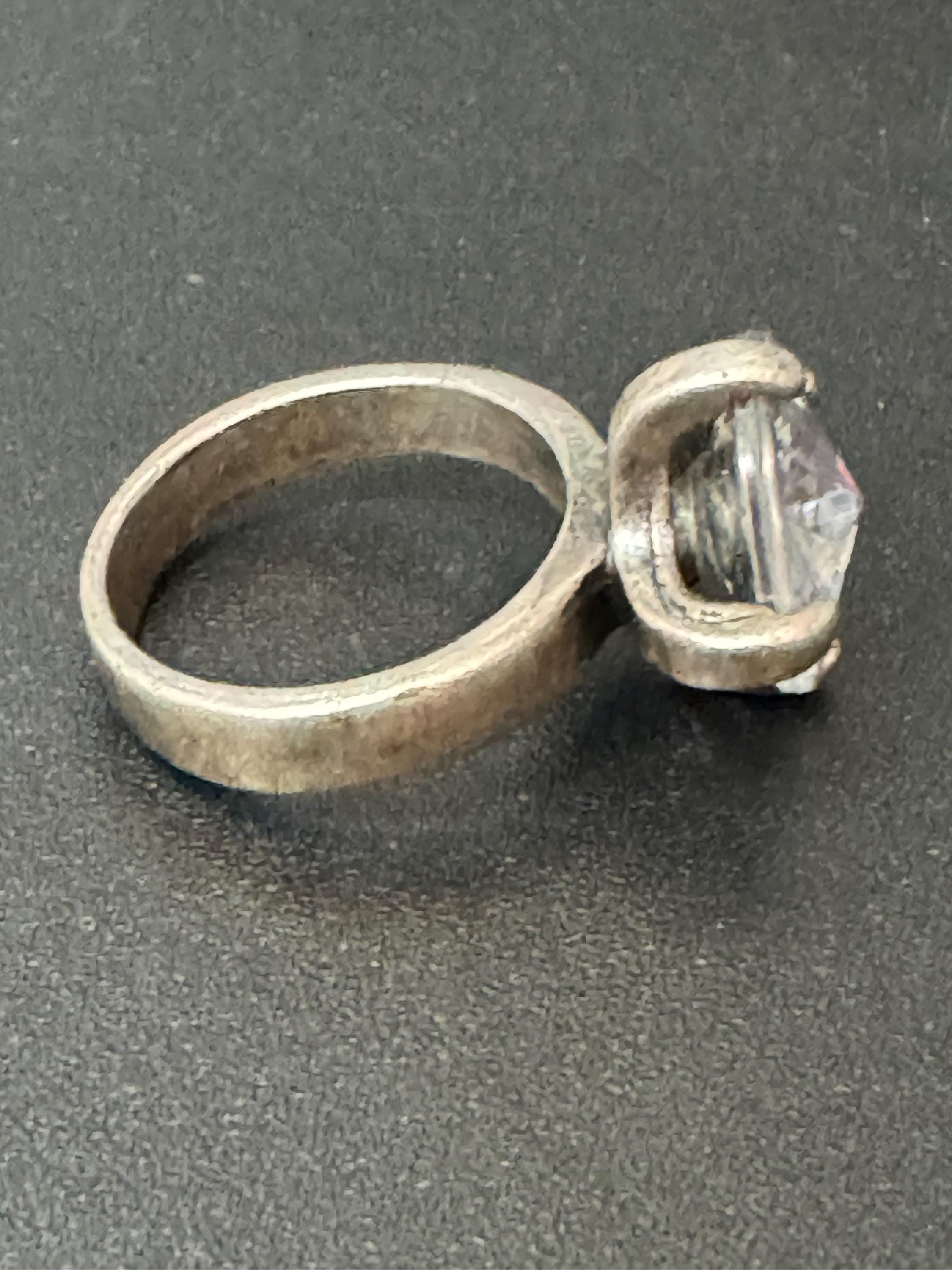 vintage clear round Rivoli stone diamanté costume cocktail ring size P modernist 925 sterling silver