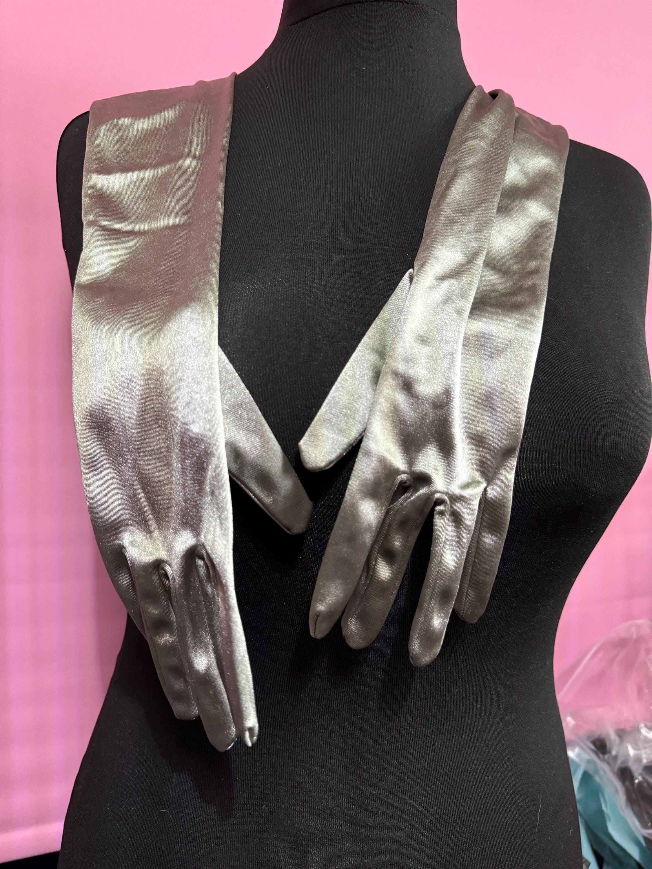 Signed DENTS 57cm steel metallic grey silver opera length evening cocktail gloves one size stretch fit