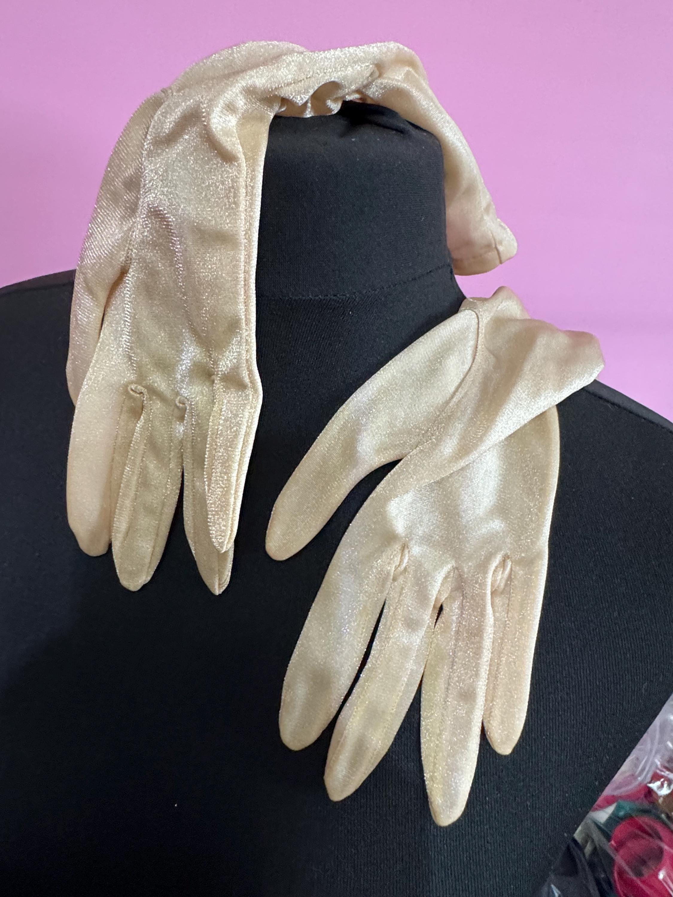 Size 6.5 small Signed DENTS 34cm 
nylon gold metallic ruched long evening cocktail gloves