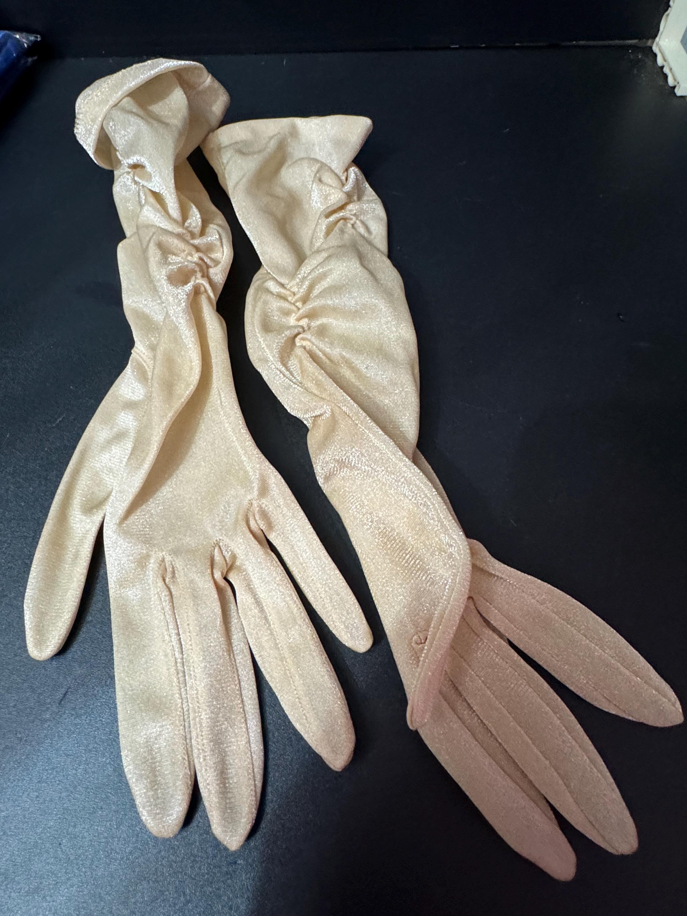 Size 6.5 small Signed DENTS 34cm glittery nylon gold metallic ruched long evening cocktail gloves