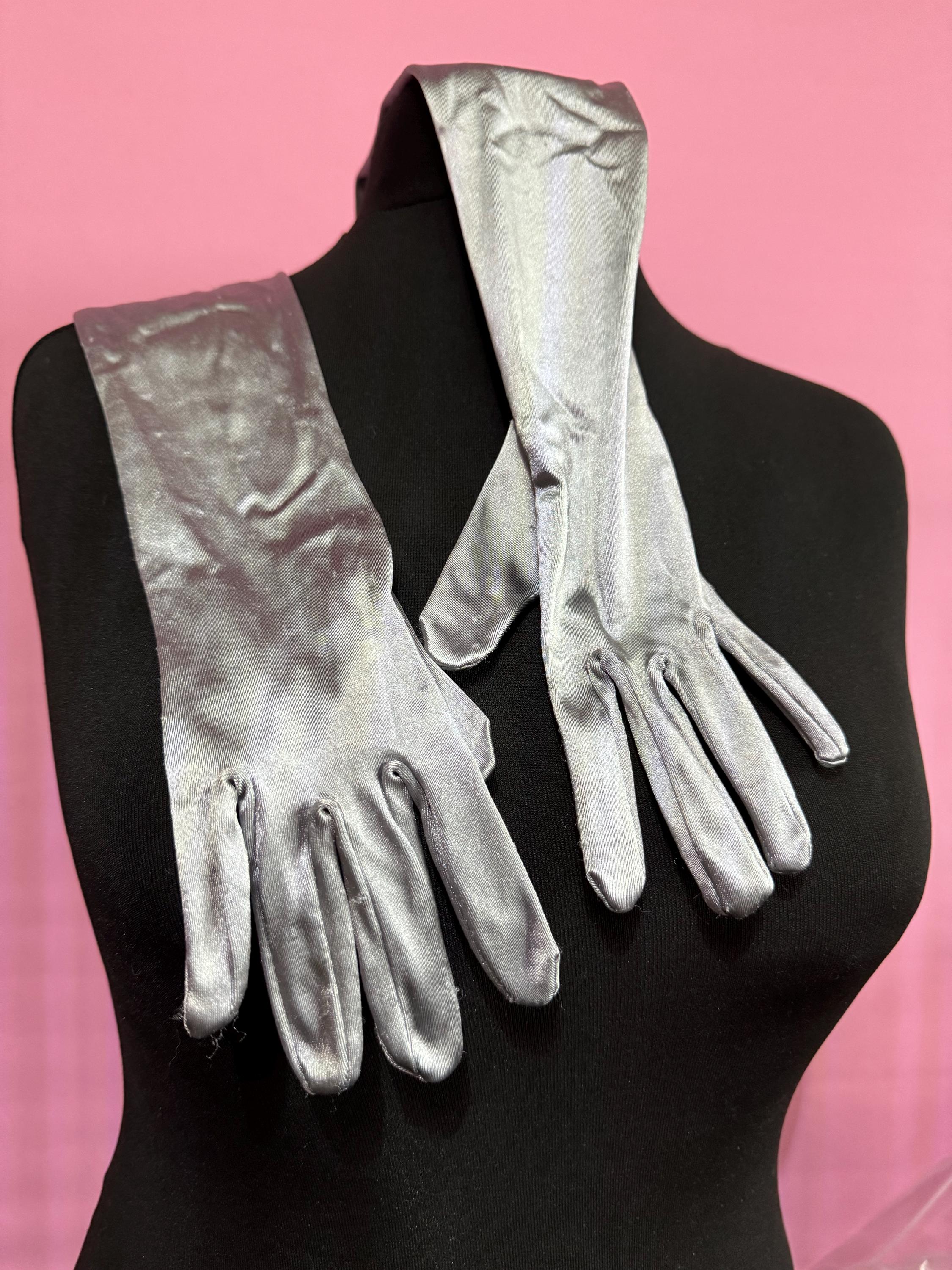 Size 7 8 large steel metallic grey silver opera length evening cocktail gloves 46cm