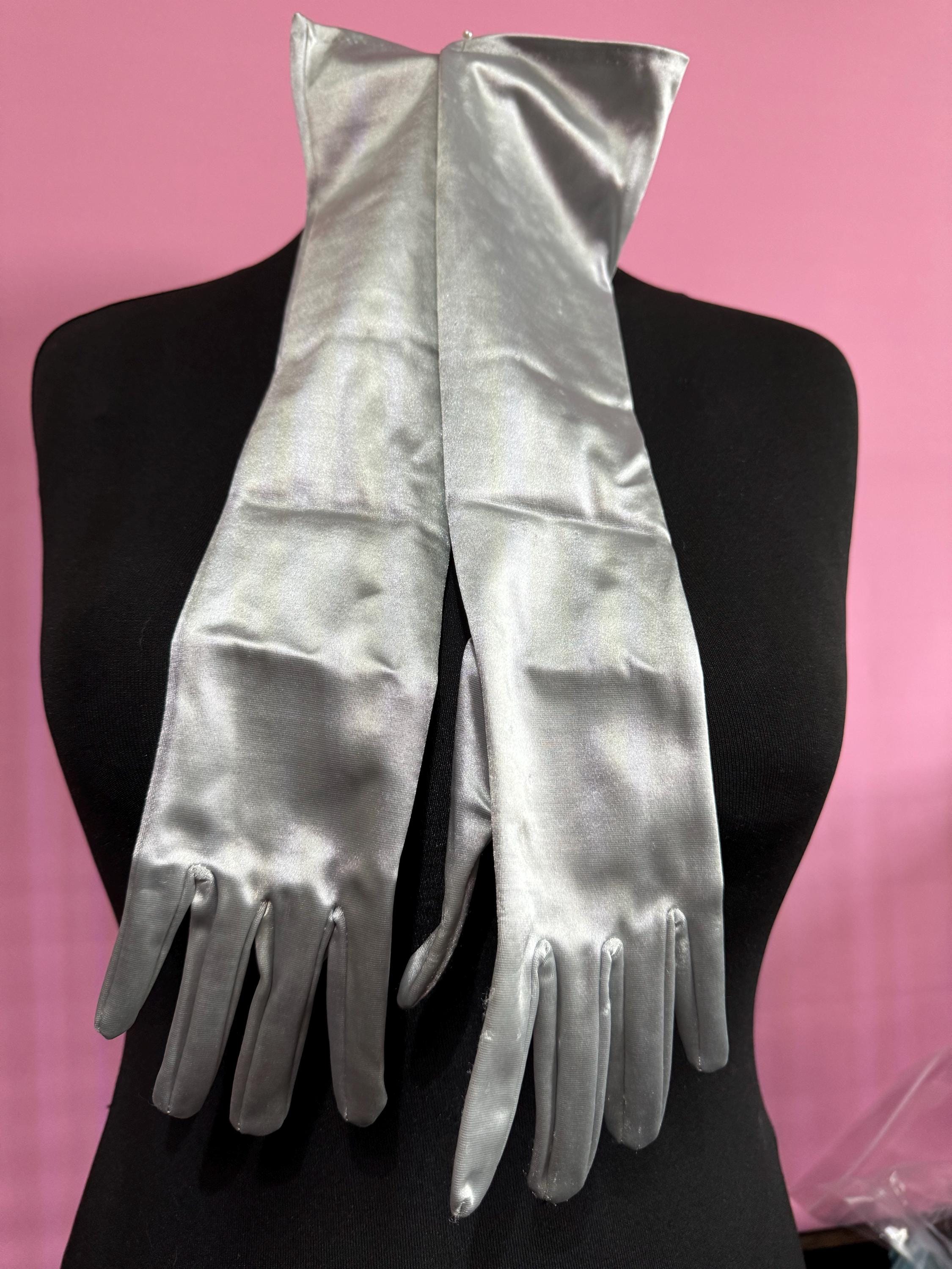 One Size 7 8 large steel metallic grey silver opera length evening cocktail gloves 44cm