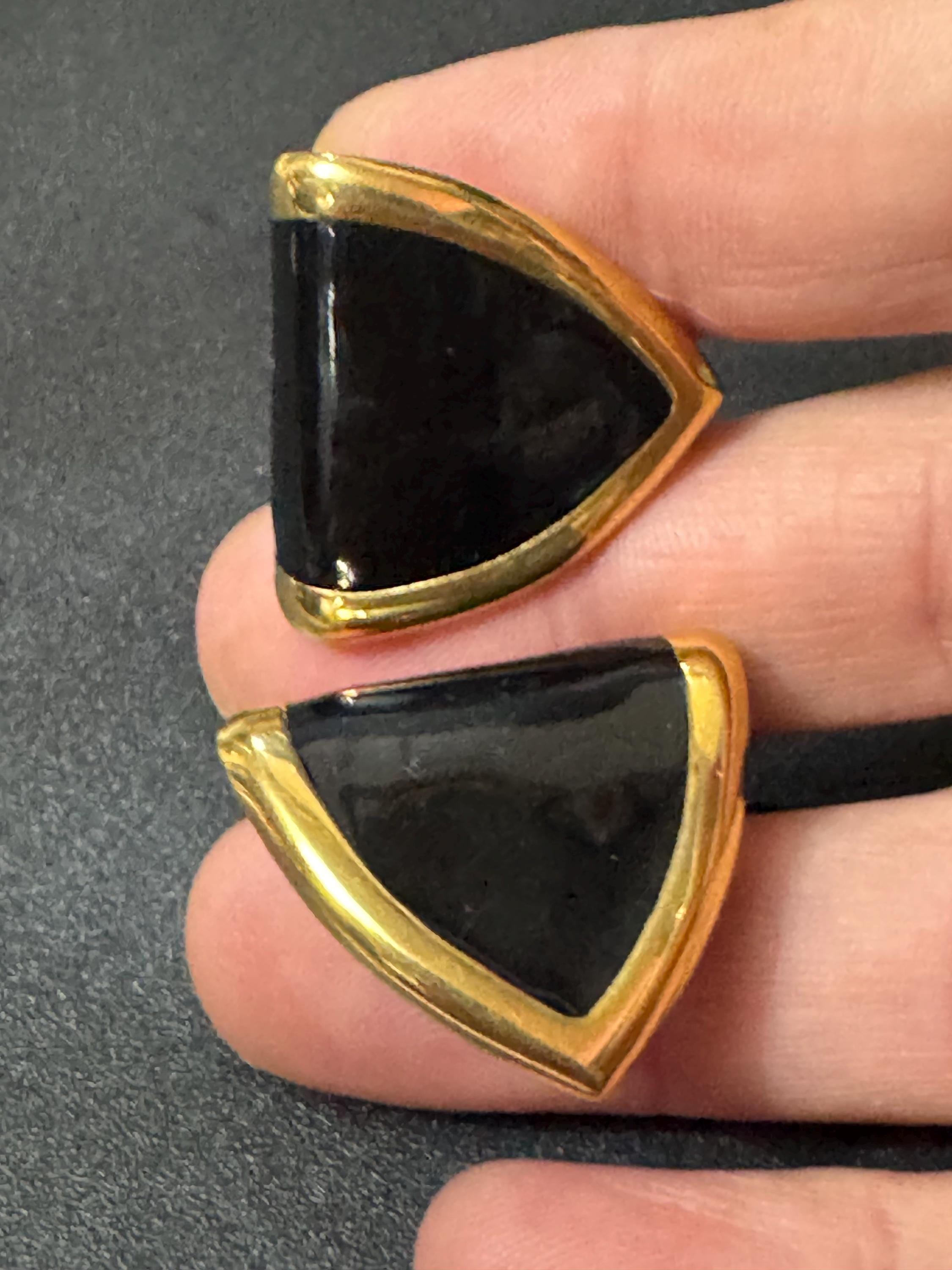 Black enamel pair stud earrings pierced Vintage Gold tone