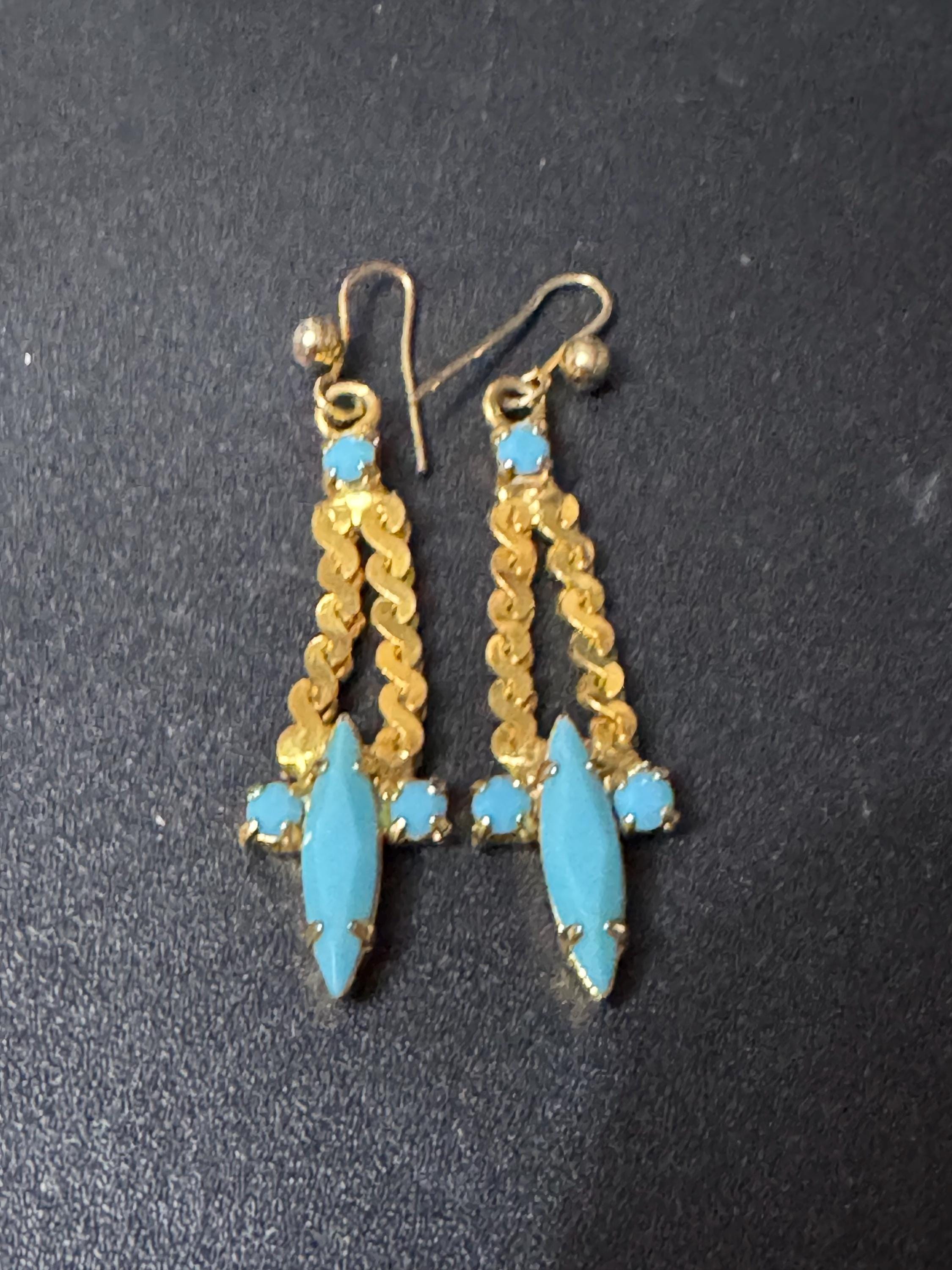 Vintage gold tone serpentine chain turquoise blue rhinestone drop dangly earrings 1970s