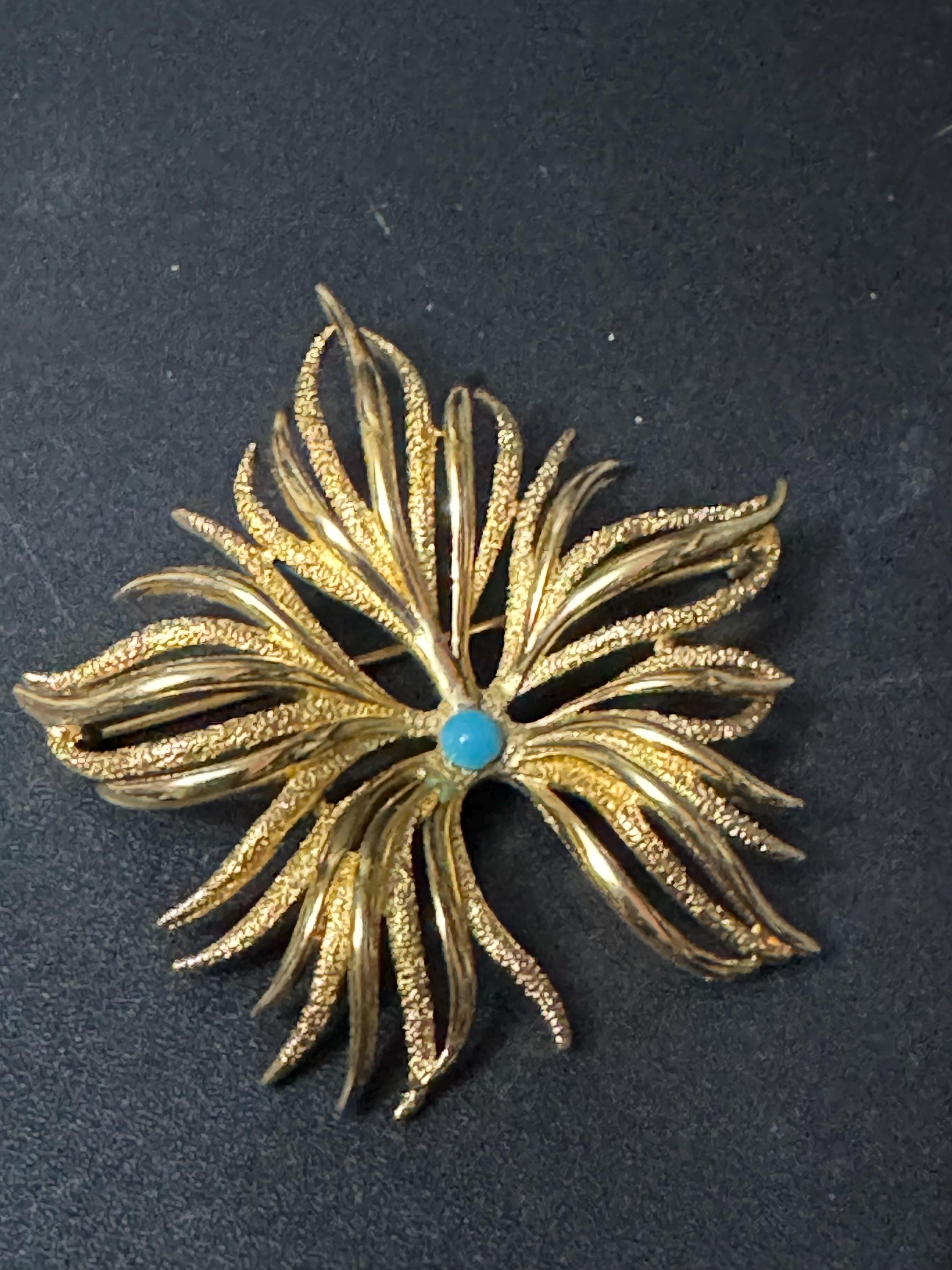 vintage modernist gold tone turquoise bead cabochon abstract floral brooch