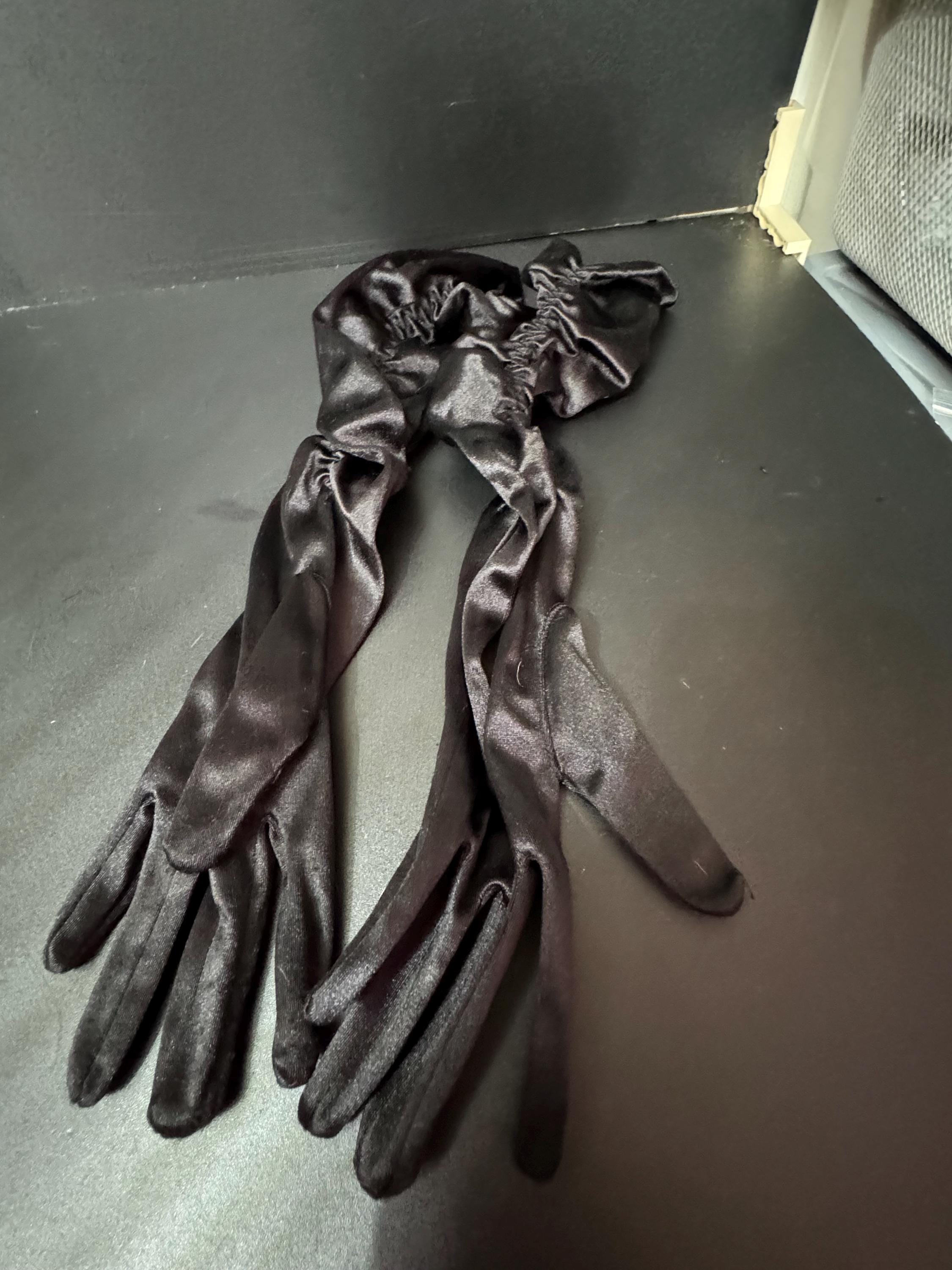 Size 7.5 M L RUCHED long black cocktail evening Gloves Vintage 39cm