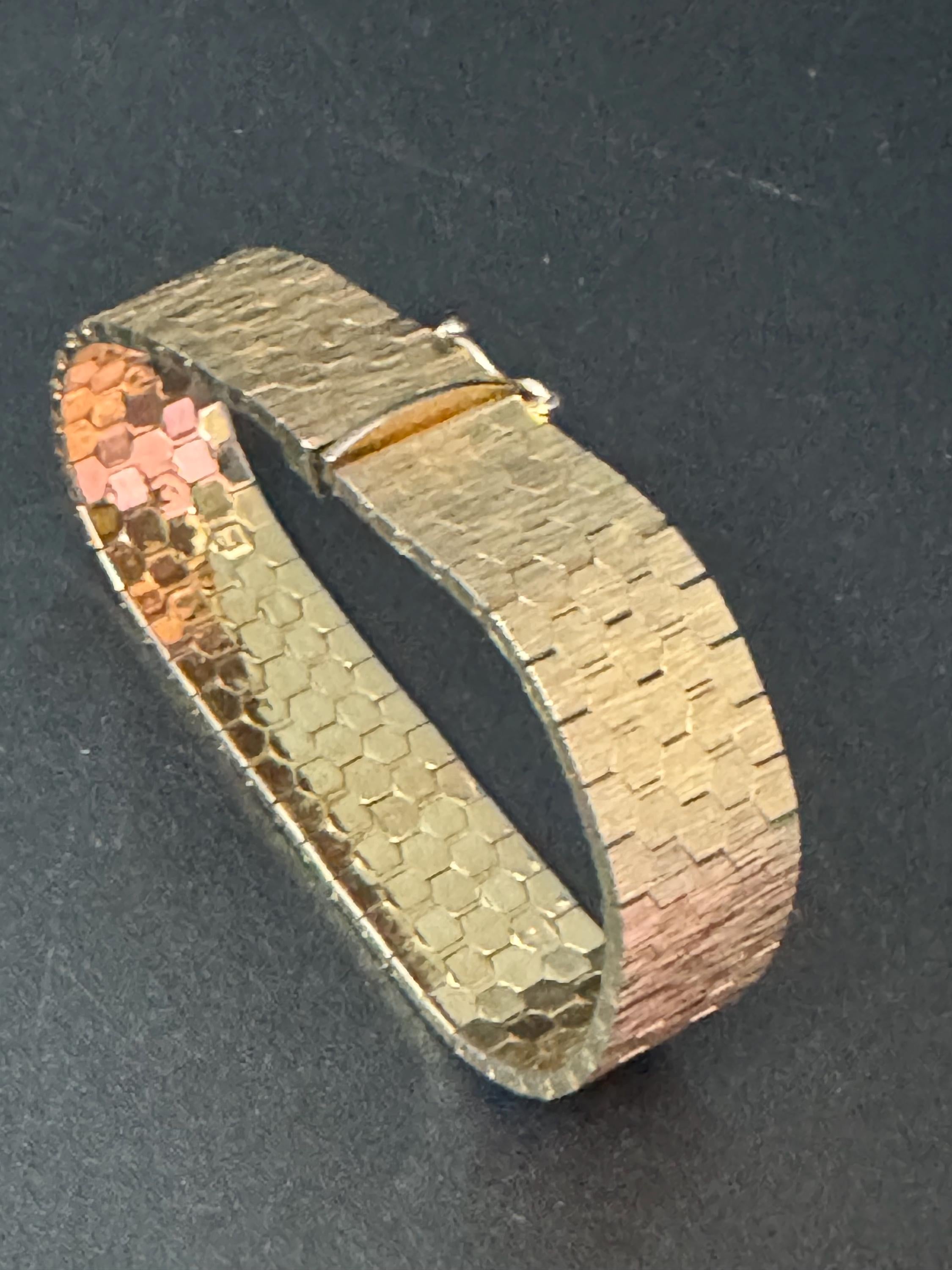 gold plated 1970s Italian style articulated flat textured modernist cuff wrap bracelet 18.5cm long x  14mm wide