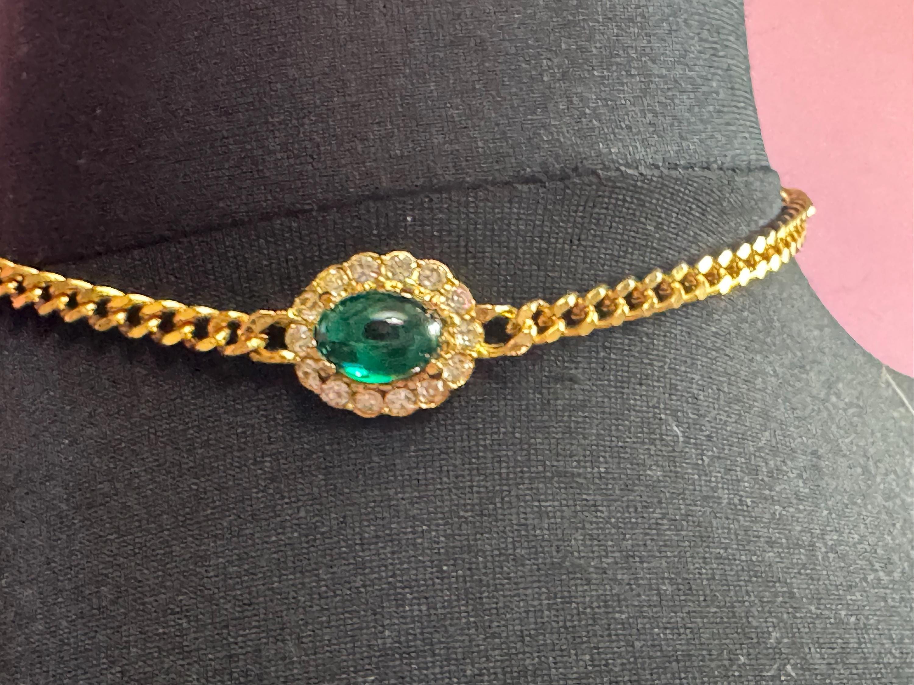 40.5cm Vintage 1980s Swarovski emerald green Oval cabochon and clear diamanté choker necklace gold tone high end old shop stock