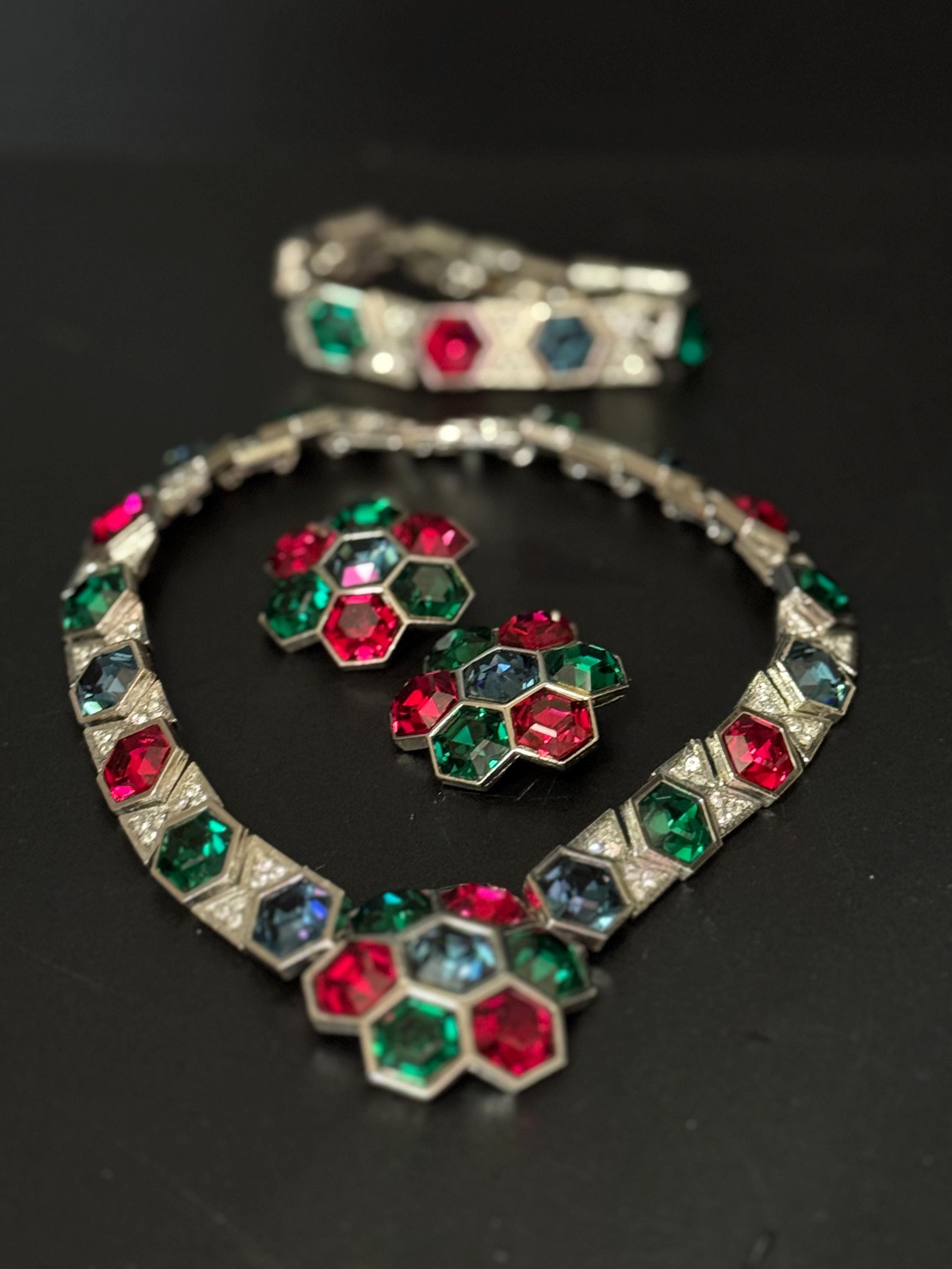 vintage silver tone sapphire blue, ruby red, emerald green, octagonal swarovski crystal cocktail necklace bracelet and clip on earrings set