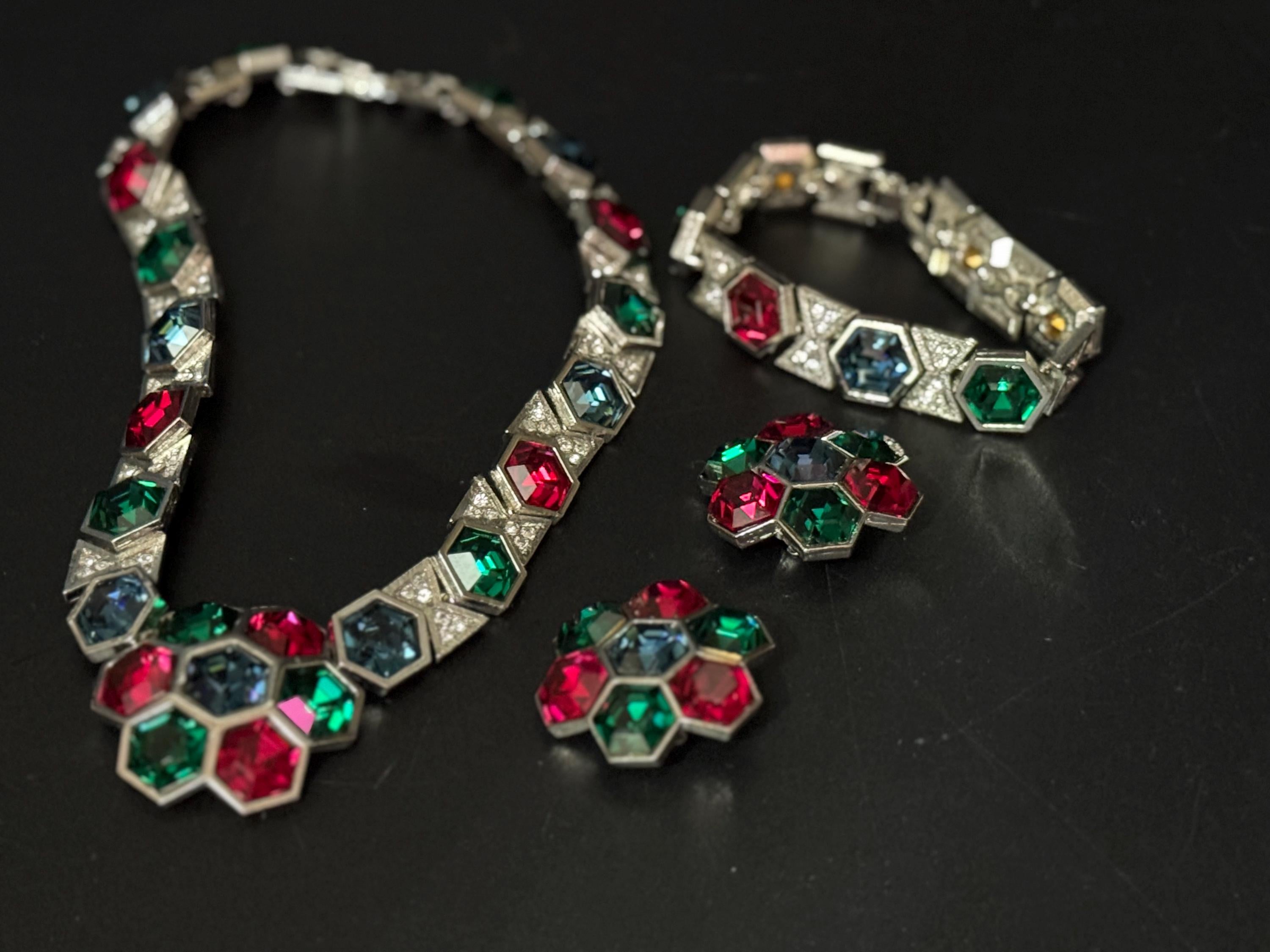 vintage silver tone sapphire blue, ruby red, emerald green, octagonal swarovski crystal cocktail necklace bracelet and clip on earrings set