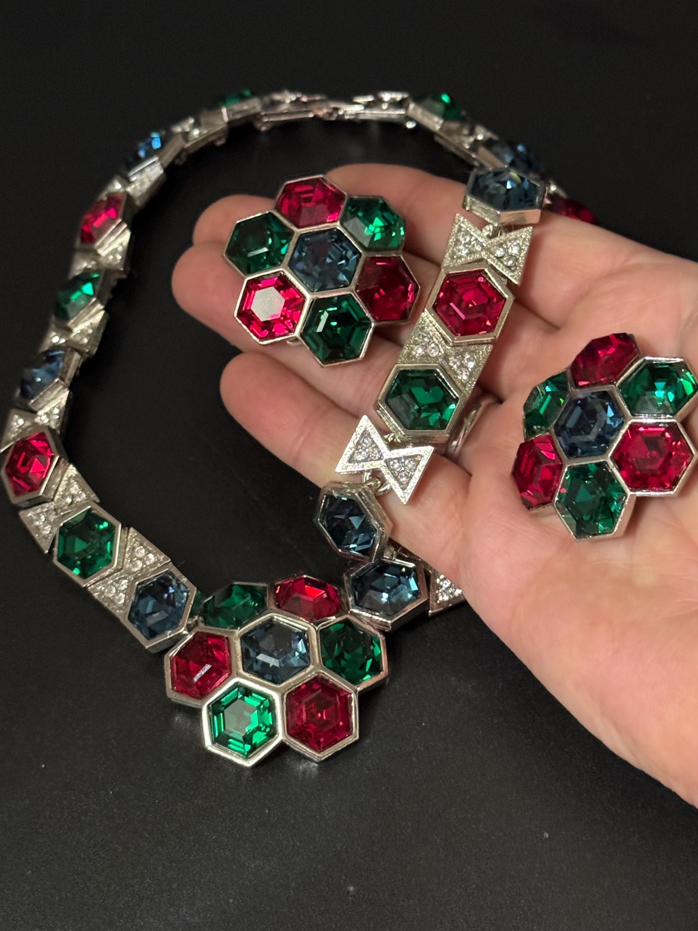 vintage silver tone sapphire blue, ruby red, emerald green, octagonal swarovski crystal cocktail necklace bracelet and clip on earrings set