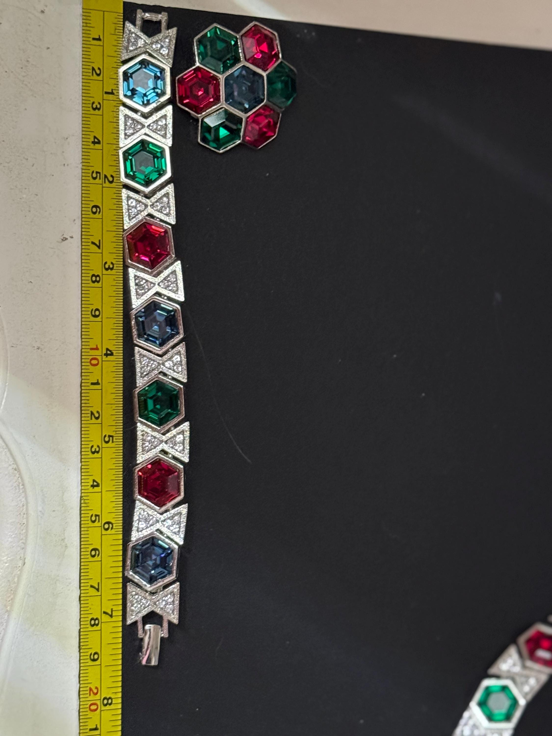 vintage silver tone sapphire blue, ruby red, emerald green, octagonal swarovski crystal cocktail necklace bracelet and clip on earrings set