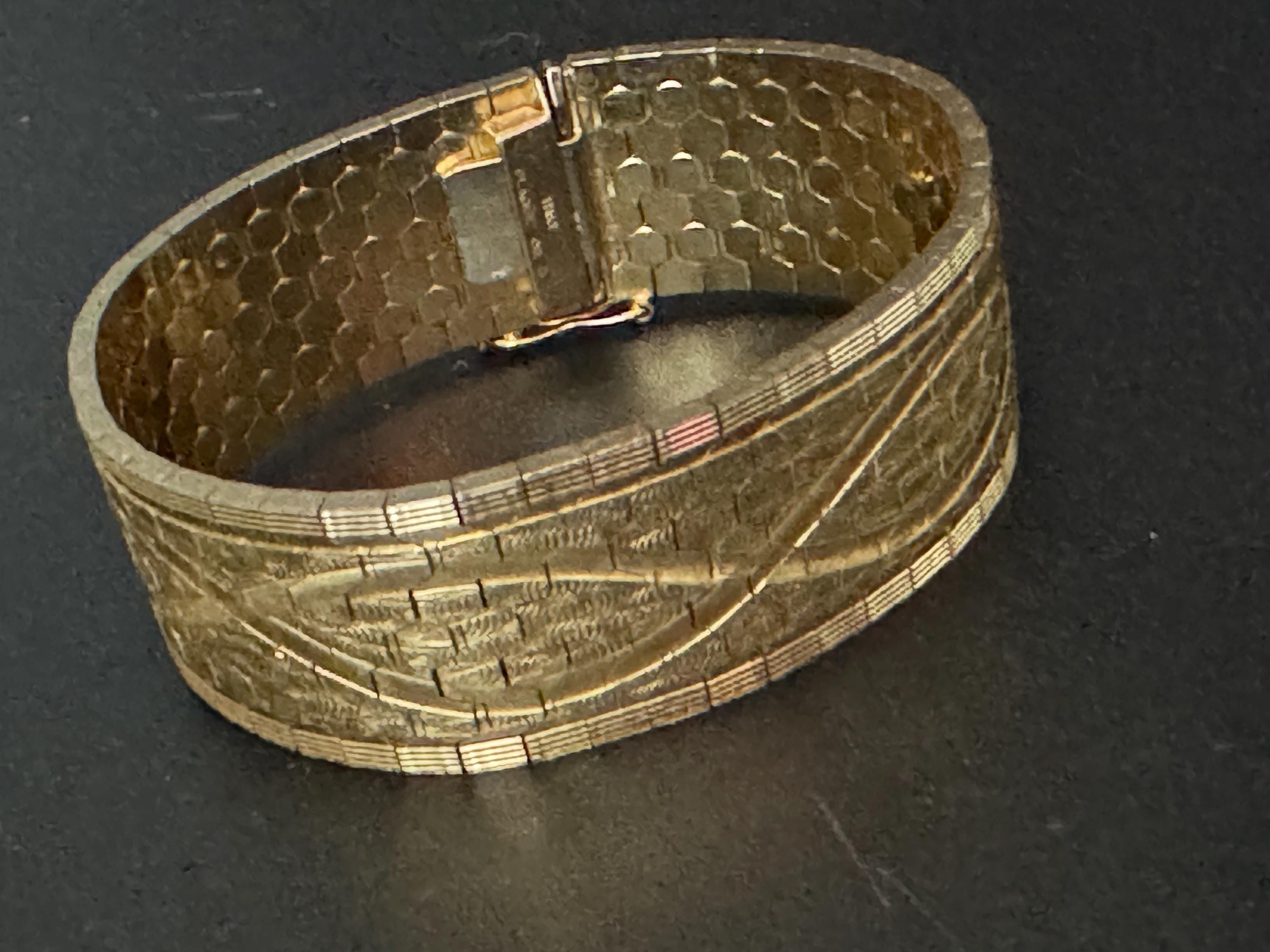 1970s articulated flat stamped Italy plaque gold plated cuff wrap bracelet 18.5cm long x 22mm Italian fabulous condition