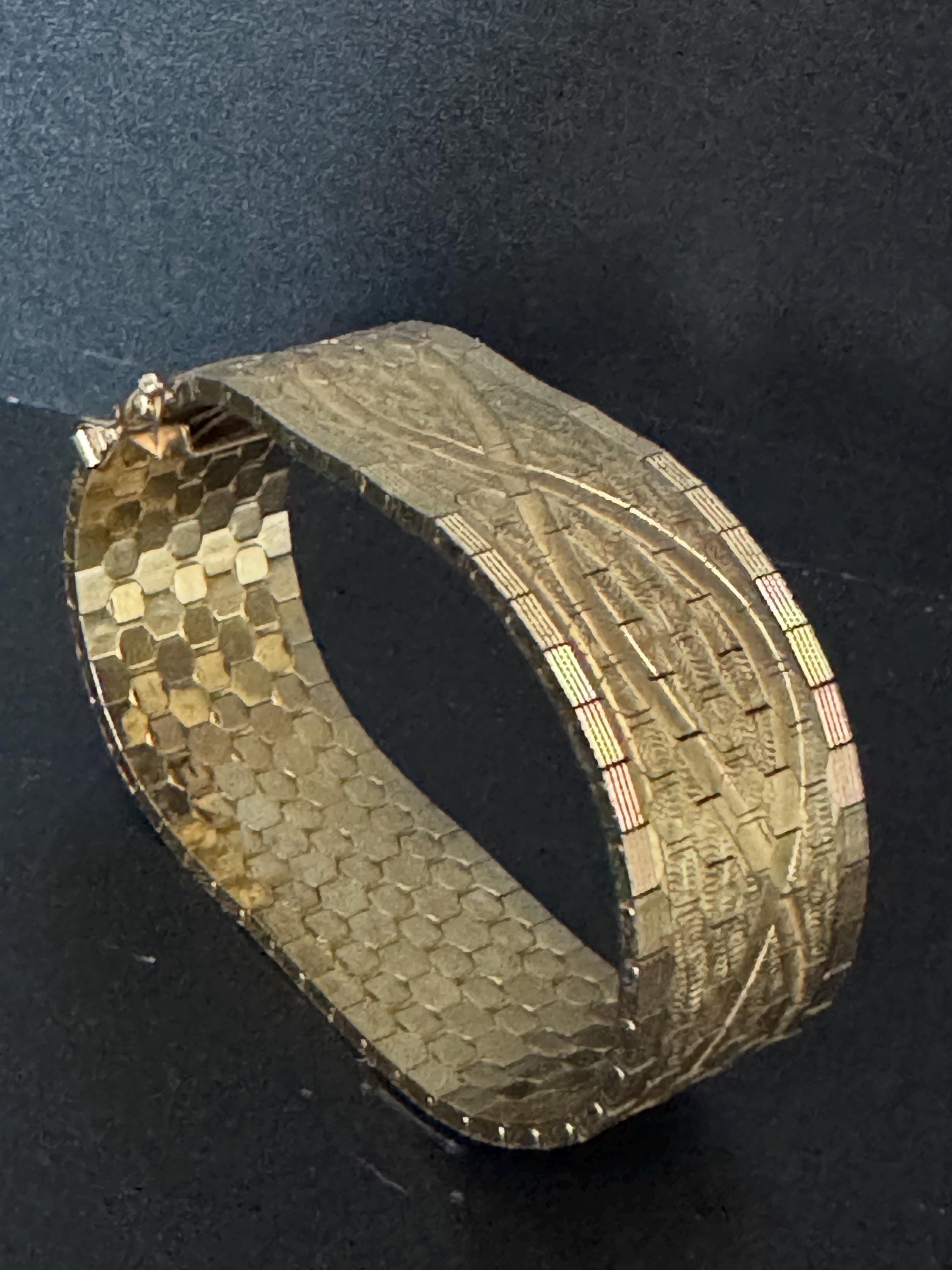 1970s articulated flat stamped Italy plaque gold plated cuff wrap bracelet 18.5cm long x 22mm Italian fabulous condition