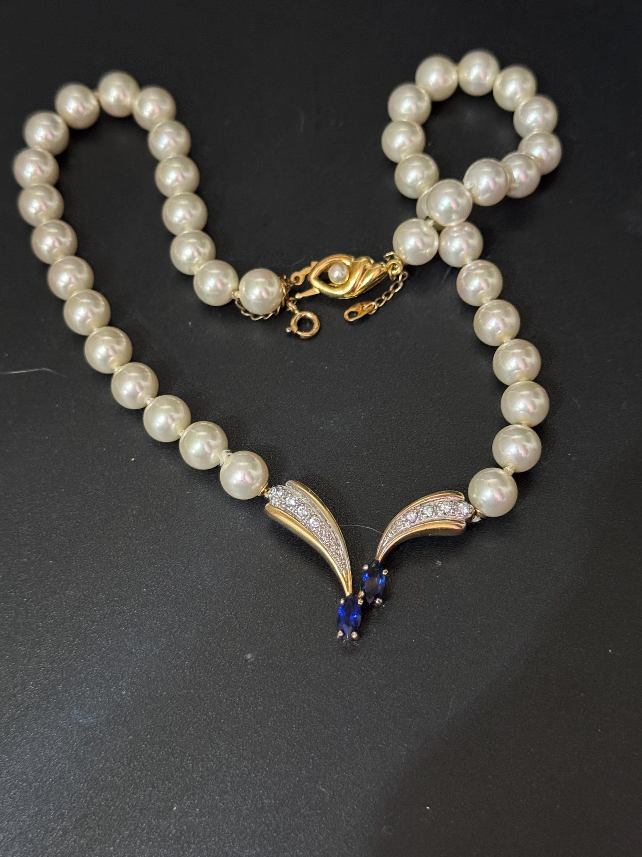 925 silver gilt vintage glass pearl pendant necklace with central diamanté blue sapphire gold overlay