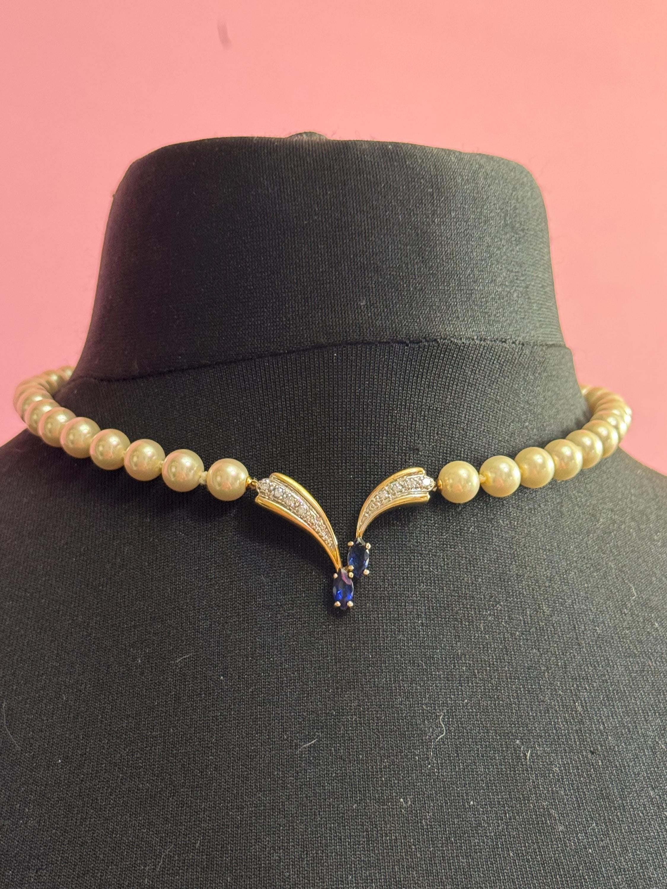 925 silver gilt vintage glass pearl pendant necklace with central diamanté blue sapphire gold overlay