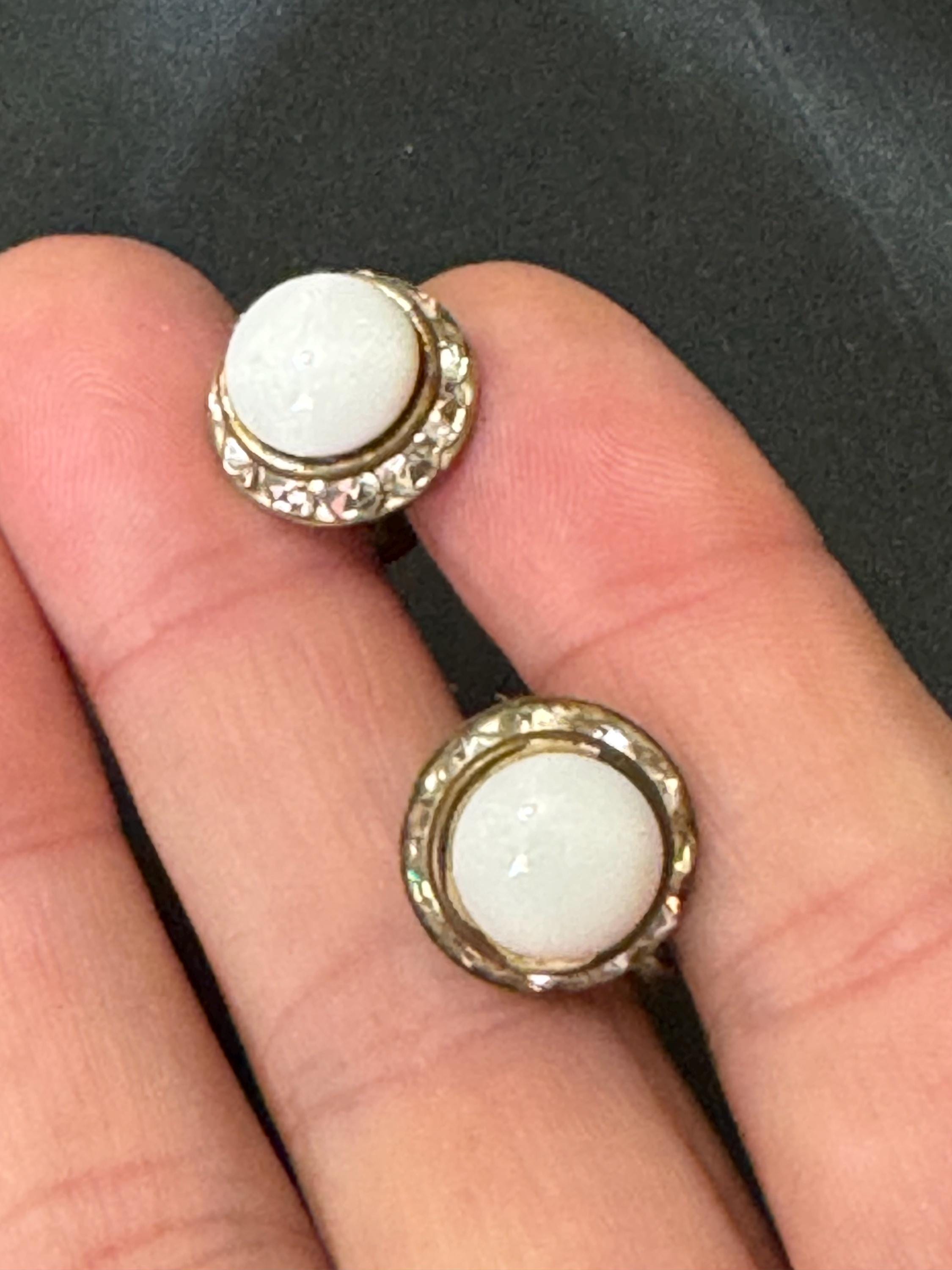 Vintage 1940s 1950s 1960s diamanté paste set milk glass white beaded button Clip On Earrings