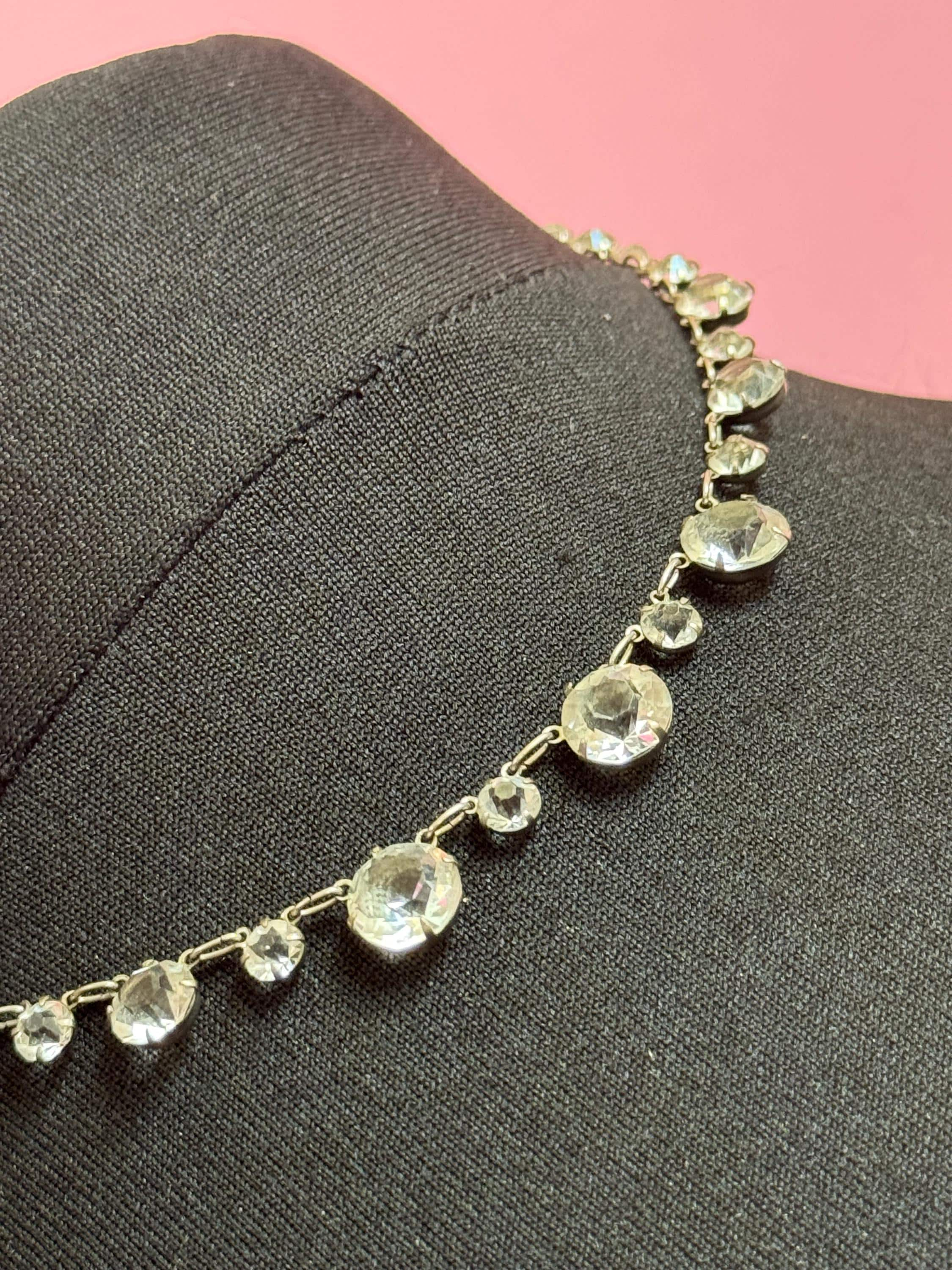 39cm dainty petite fit Art Deco sterling silver open back crystal clear diamanté Paste Rhinestone glass necklace 1920s