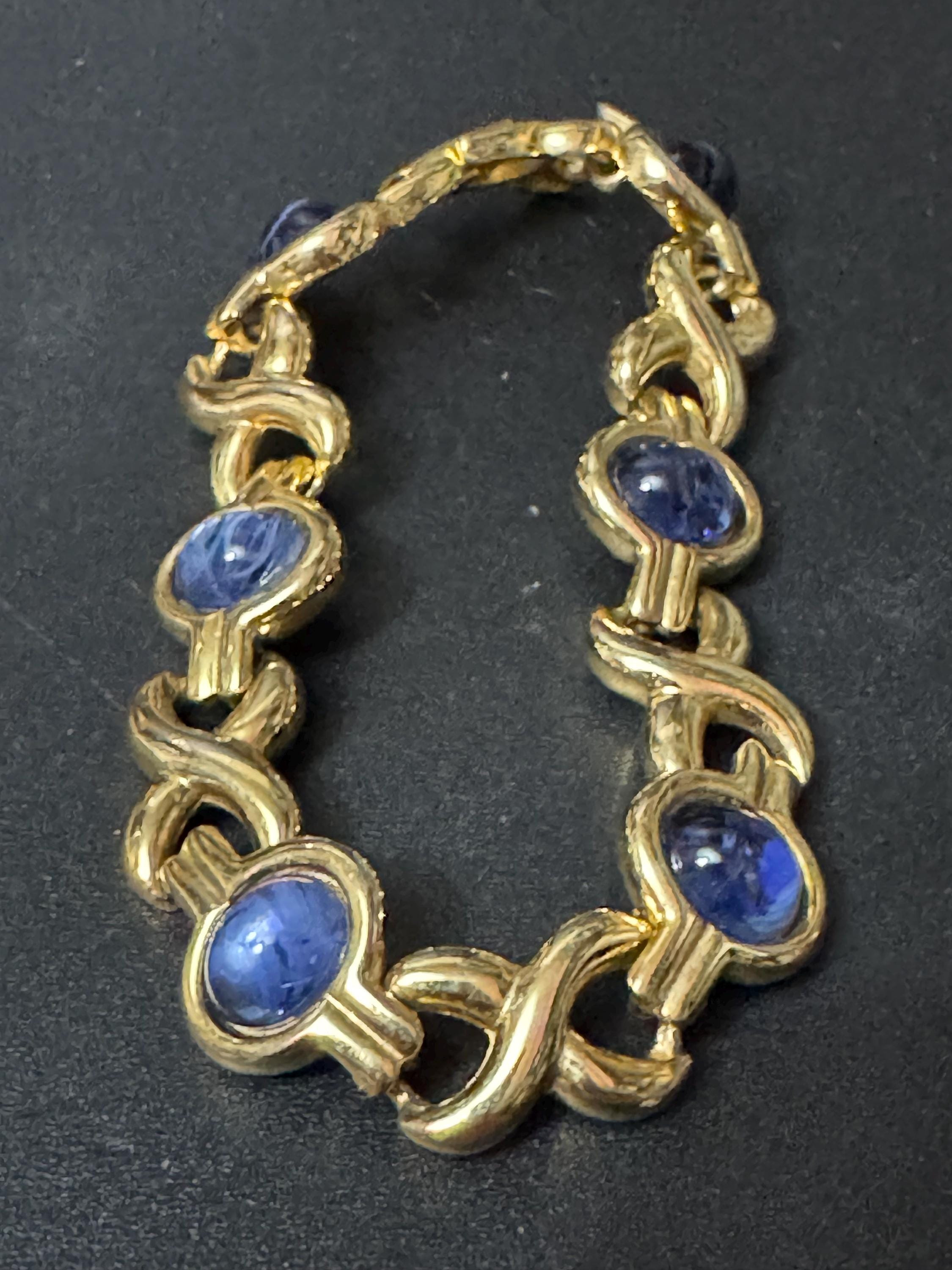 Vintage sapphire blue glass cabochon bezel set gold tone tennis bracelet