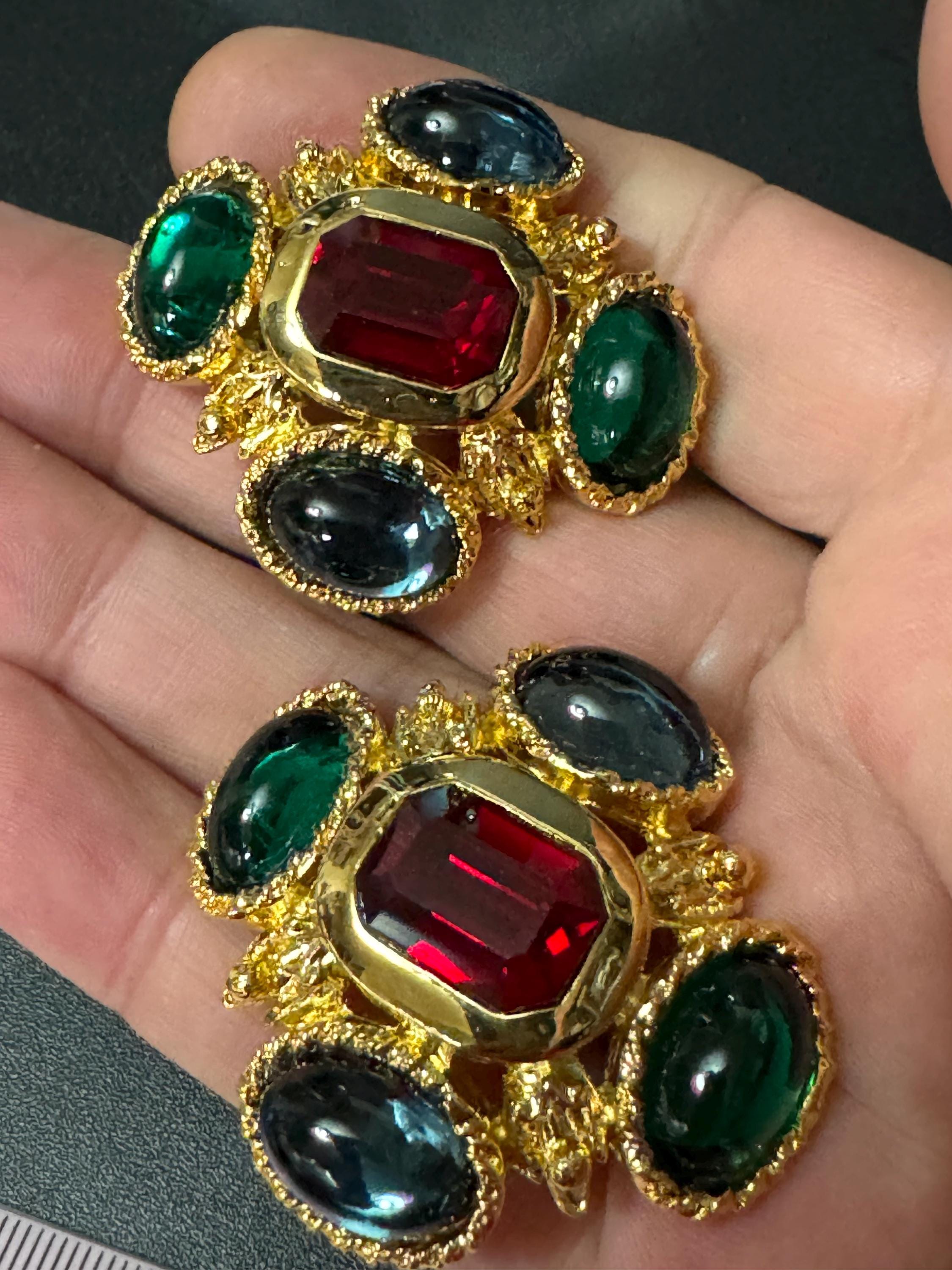 vintage oversized 4cm Gold tone ruby red and emerald green sapphire blue Swarovski crystal cabochon cross earrings 1980s