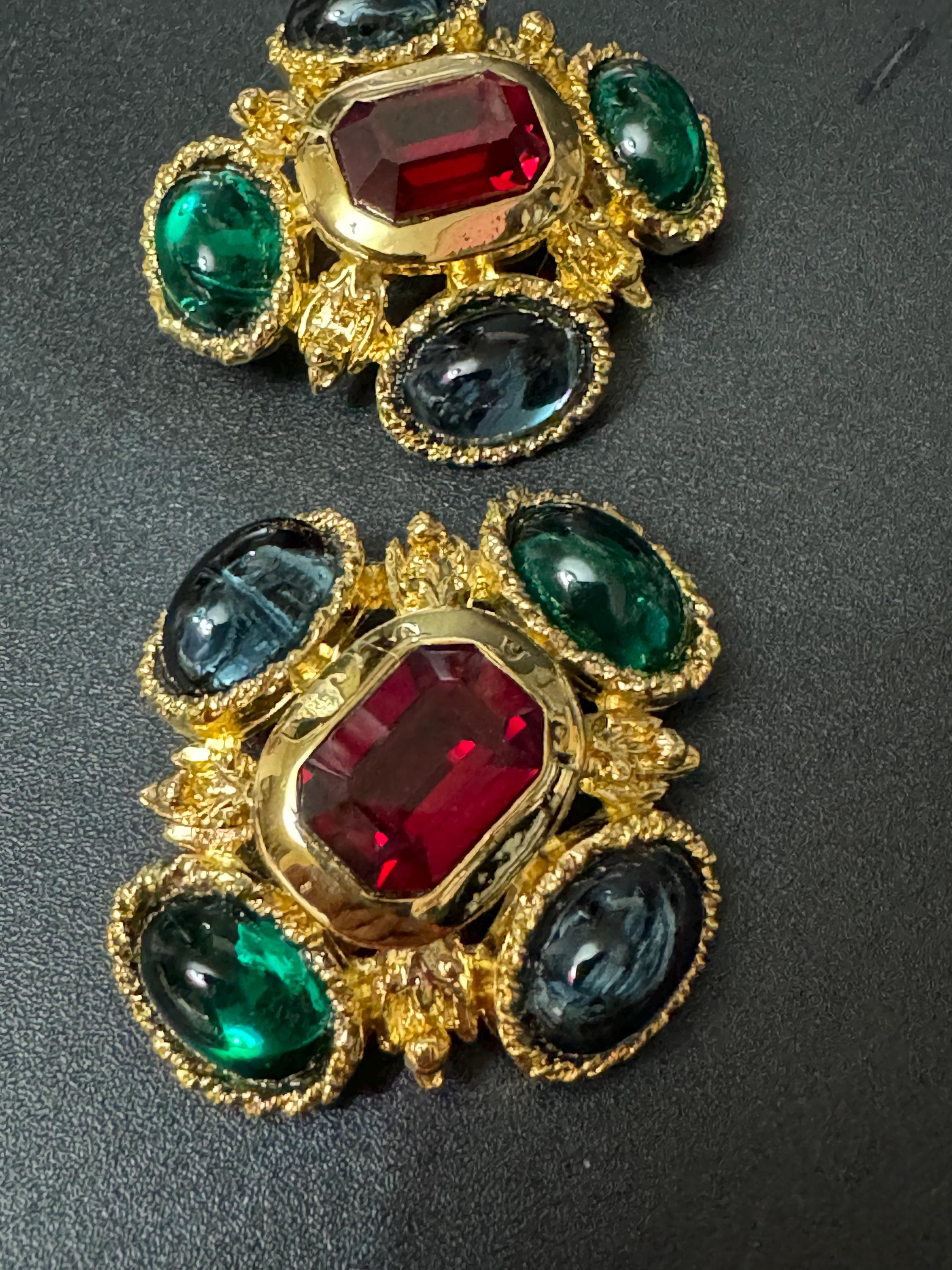 vintage oversized 4cm Gold tone ruby red and emerald green sapphire blue Swarovski crystal cabochon cross earrings 1980s