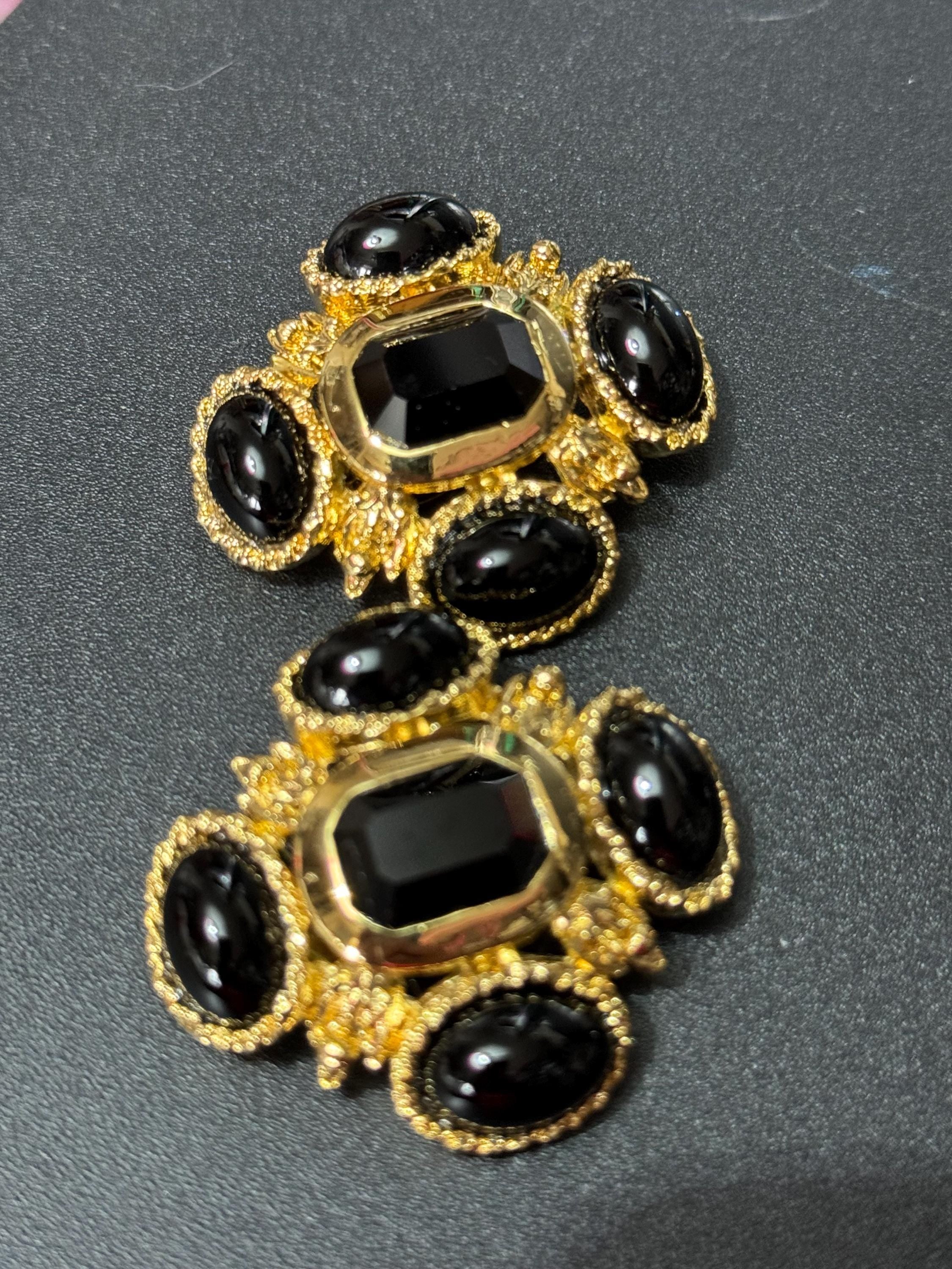 vintage oversized 4cm Gold tone Austrian black cabochon cross earrings 1980s