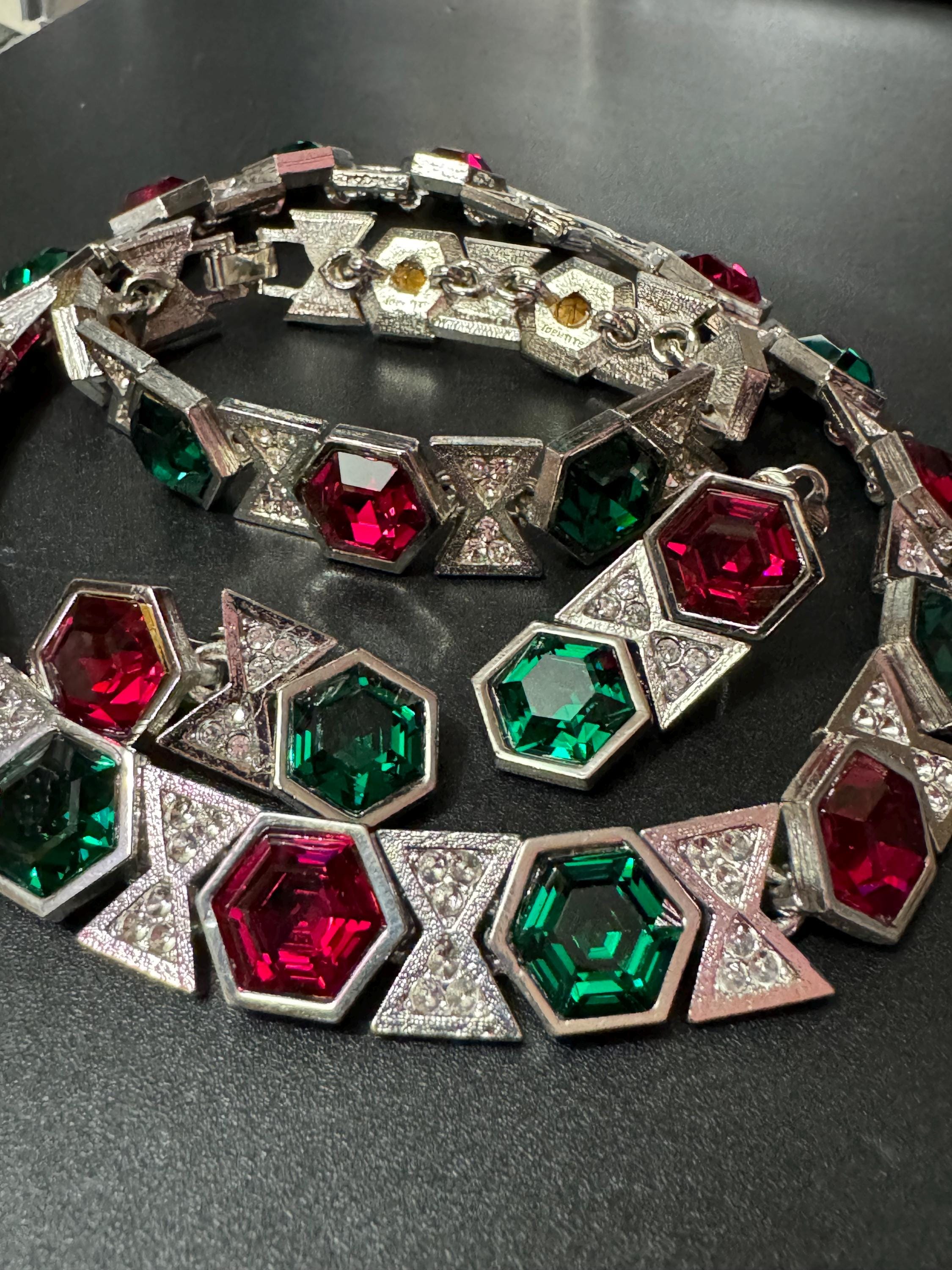 vintage silver tone ruby red, emerald green , octagonal swarovski crystal rhinestone cocktail necklace bracelet and clip on earrings set