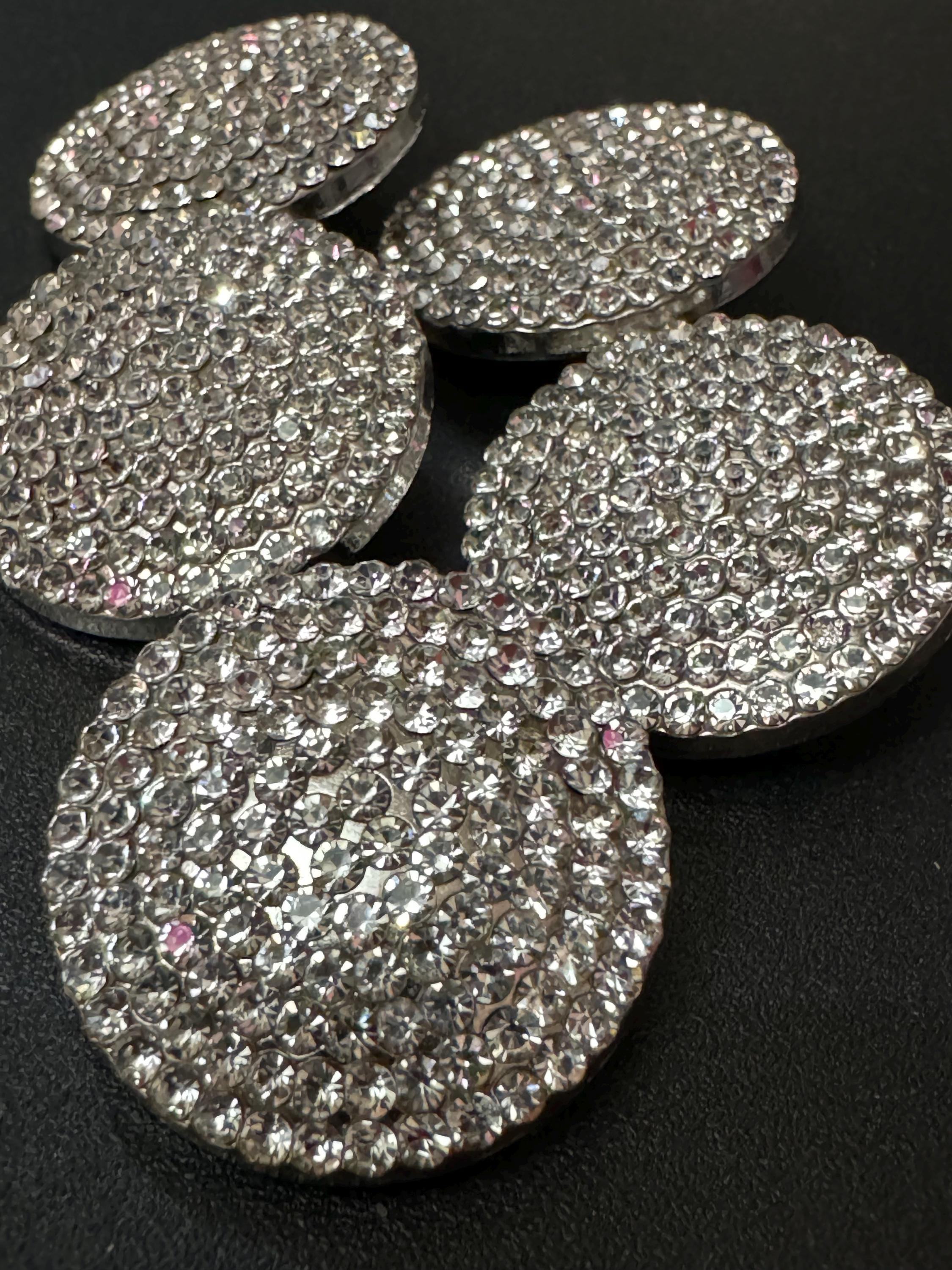 26mm Set of 5 round clear diamanté rhinestone low domed buttons silver tone