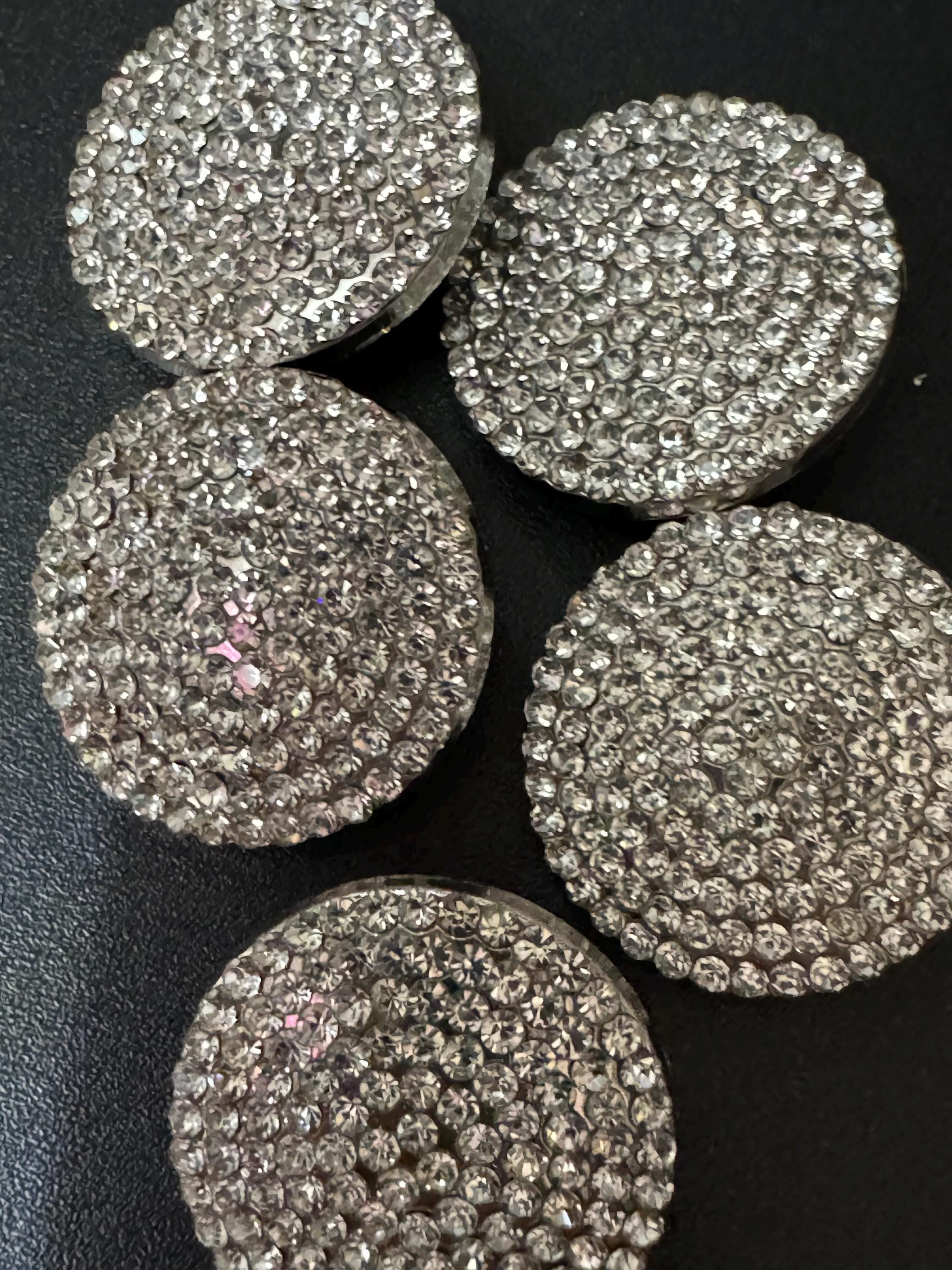 26mm Set of 5 round clear diamanté rhinestone low domed buttons silver tone