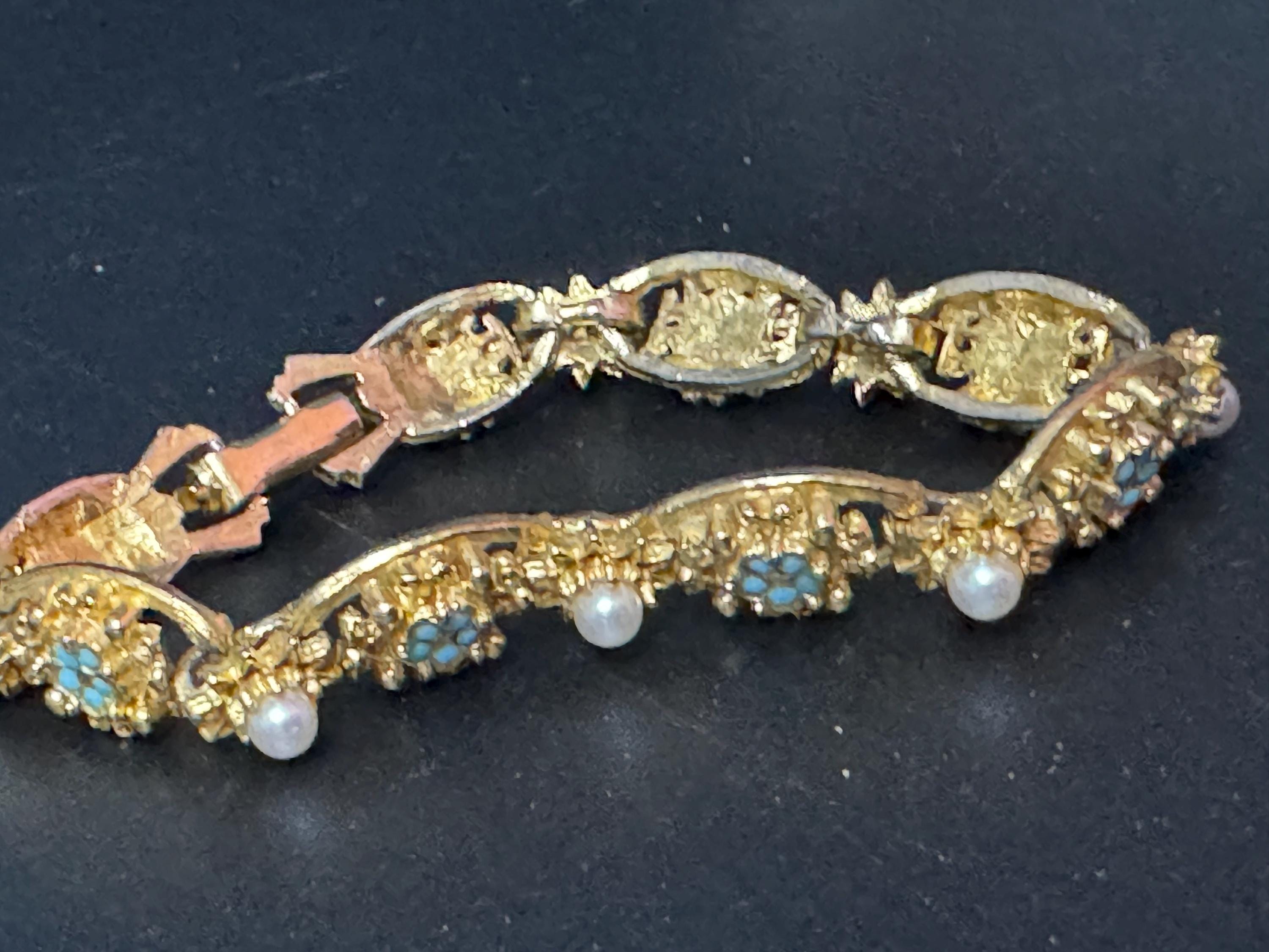 Vintage panel link gold tone bracelet with turquoise blue paste and seed pearls