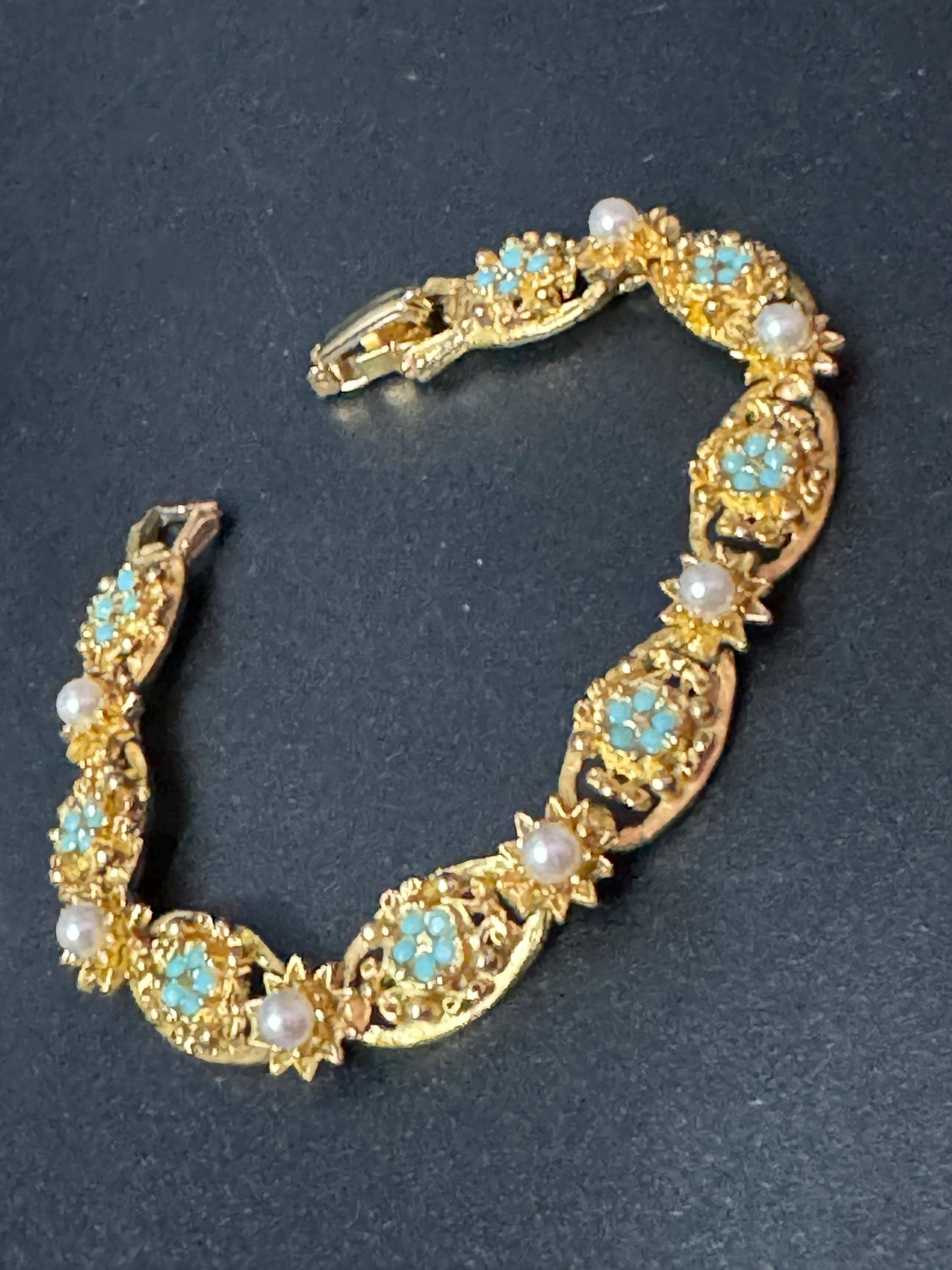 Vintage panel link gold tone bracelet with turquoise blue paste and seed pearls