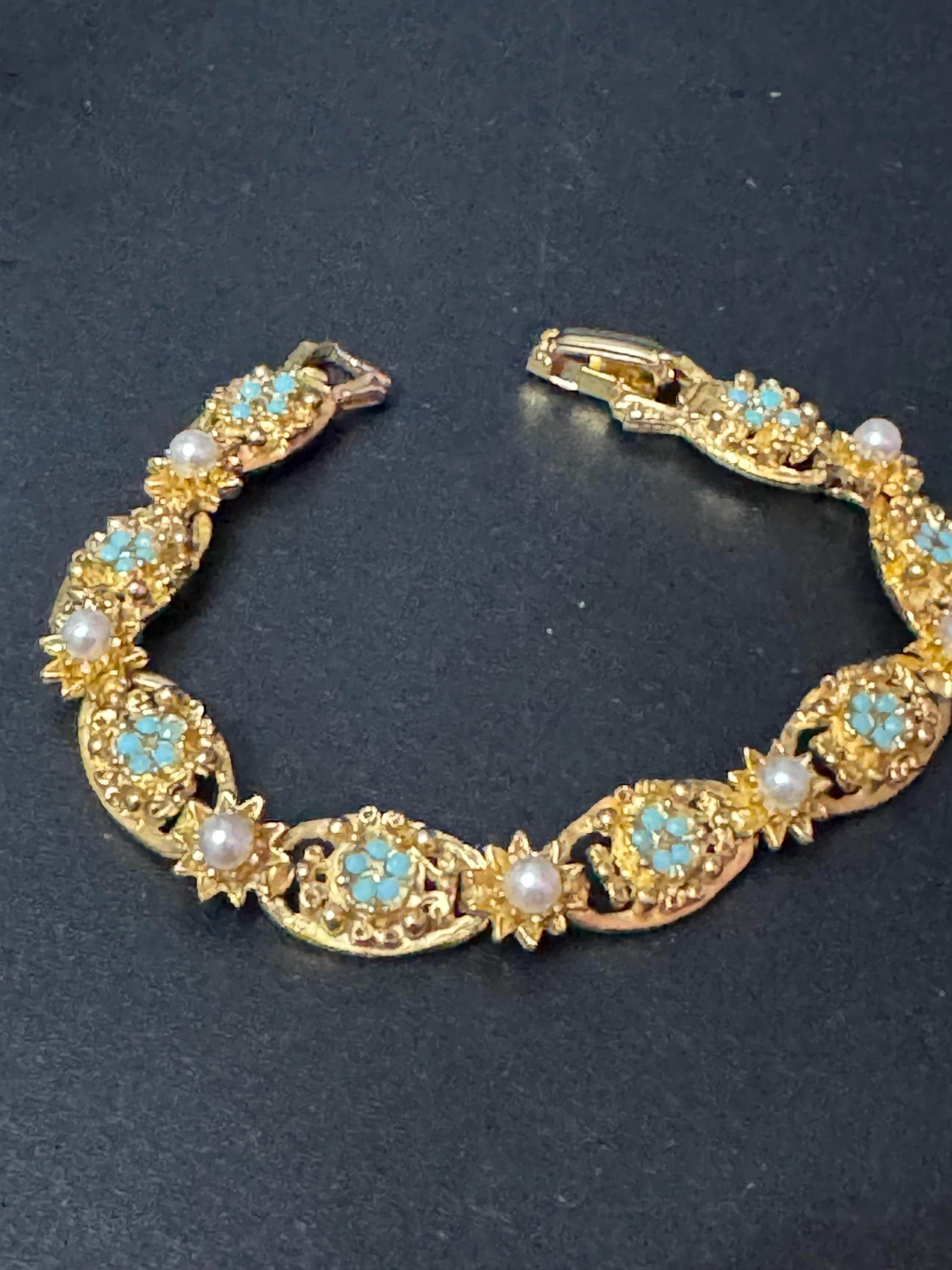 Vintage panel link gold tone bracelet with turquoise blue paste and seed pearls