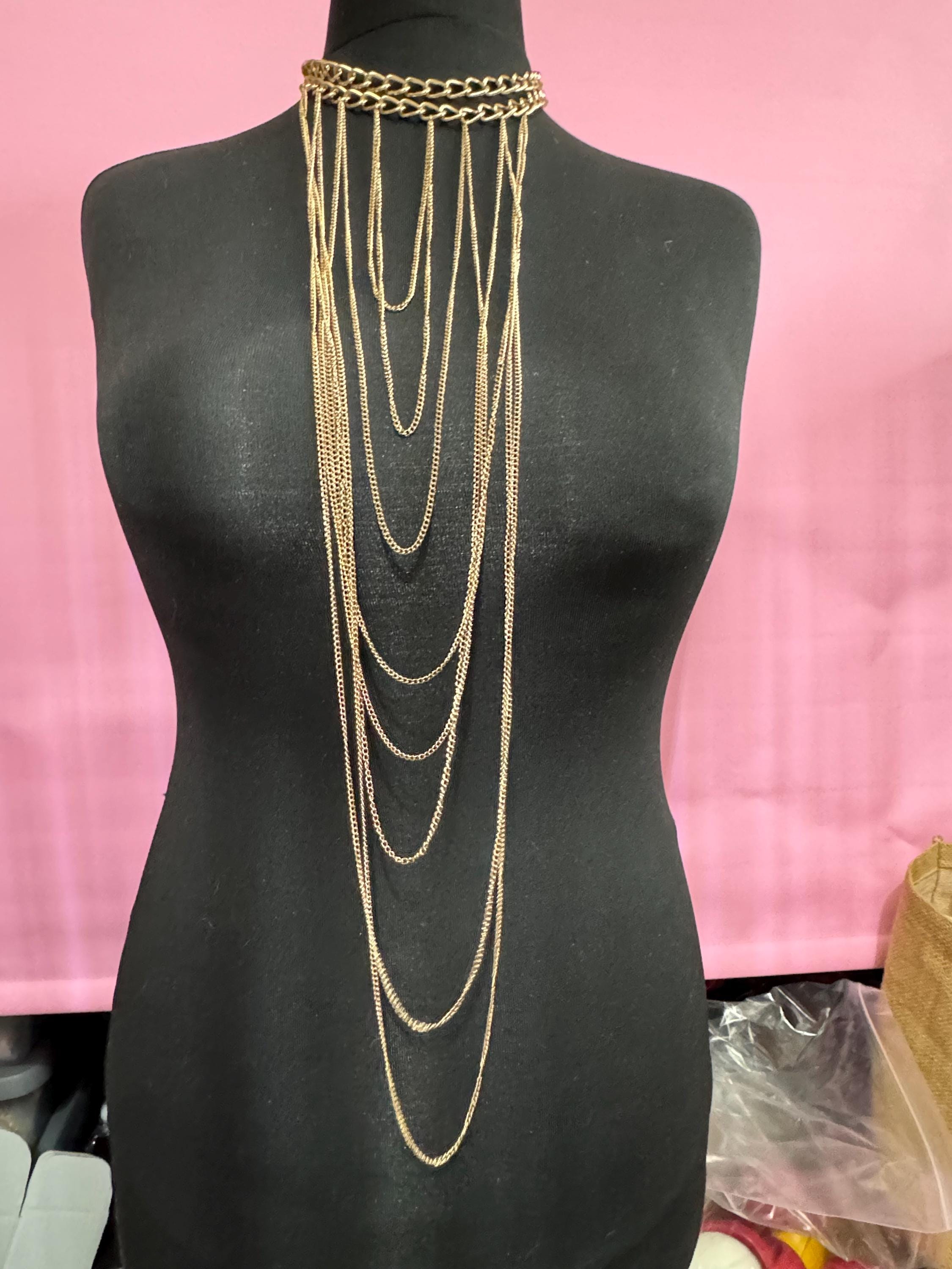 Retro statement gold tone chain link  oversized waterfall lariat necklace