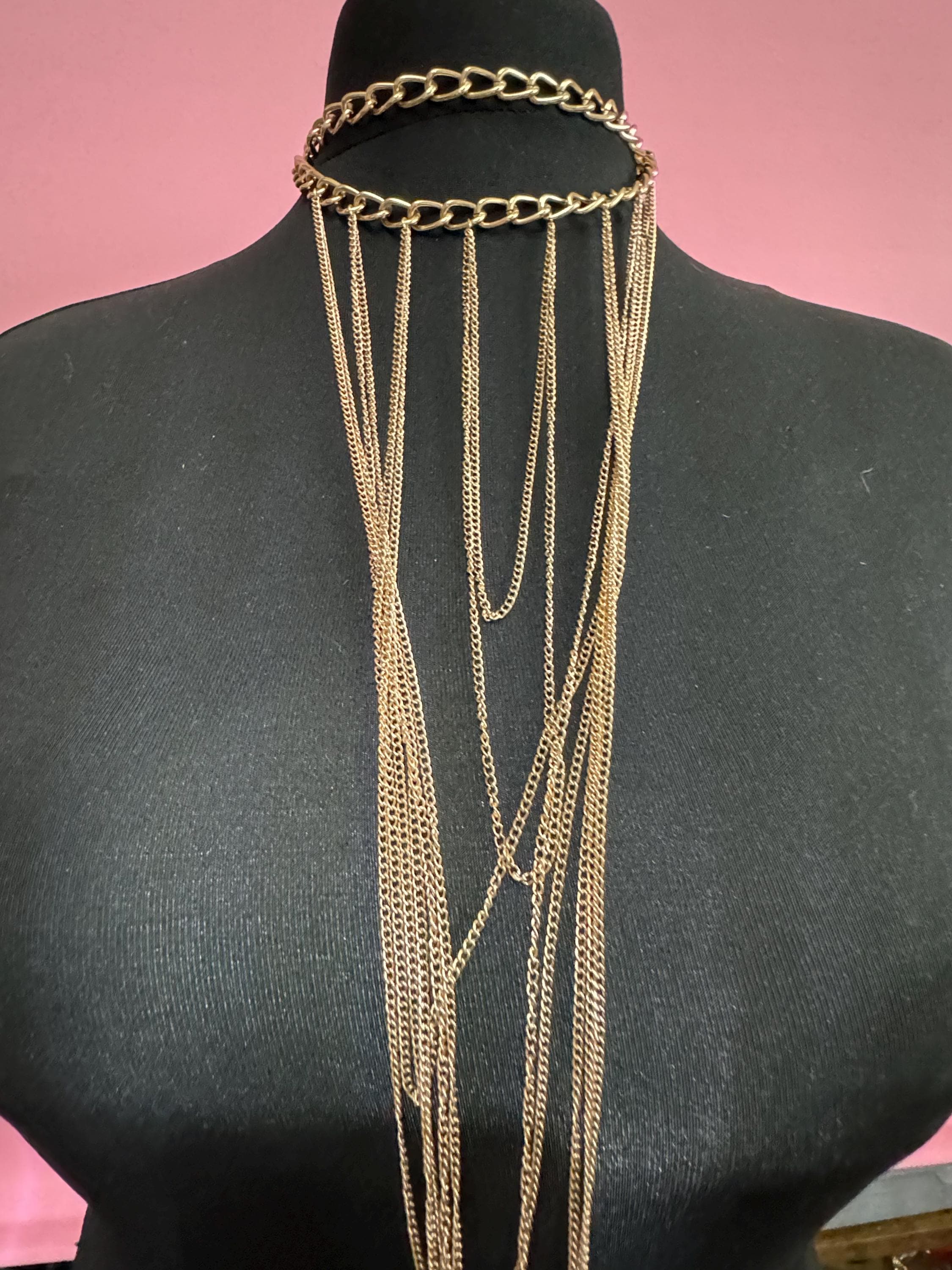 Retro statement gold tone chain link  oversized waterfall lariat necklace